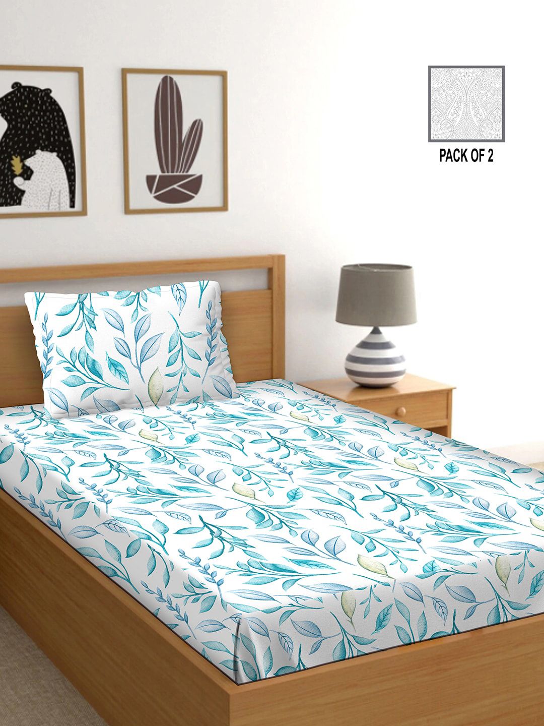 BELLA CASA White & Blue Ethnic Motifs 250 TC 2 Single Bedsheet with 2 Pillow Covers Price in India