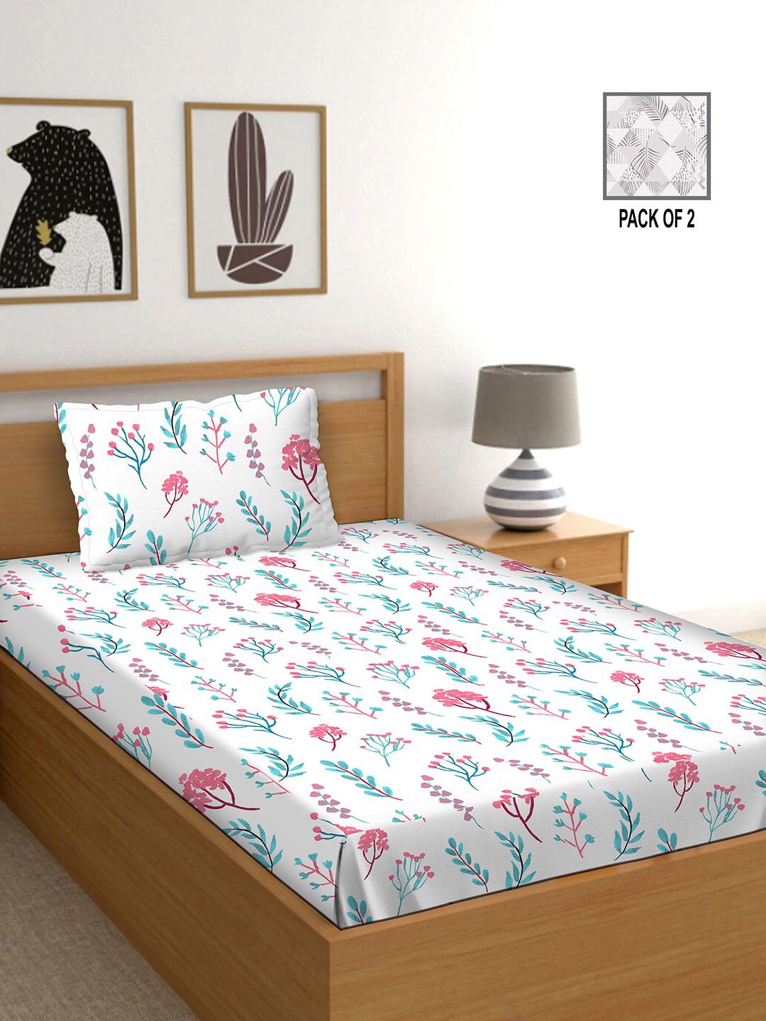 BELLA CASA White & Grey Floral 250 TC 2 Single Bedsheet with 2 Pillow Covers Price in India