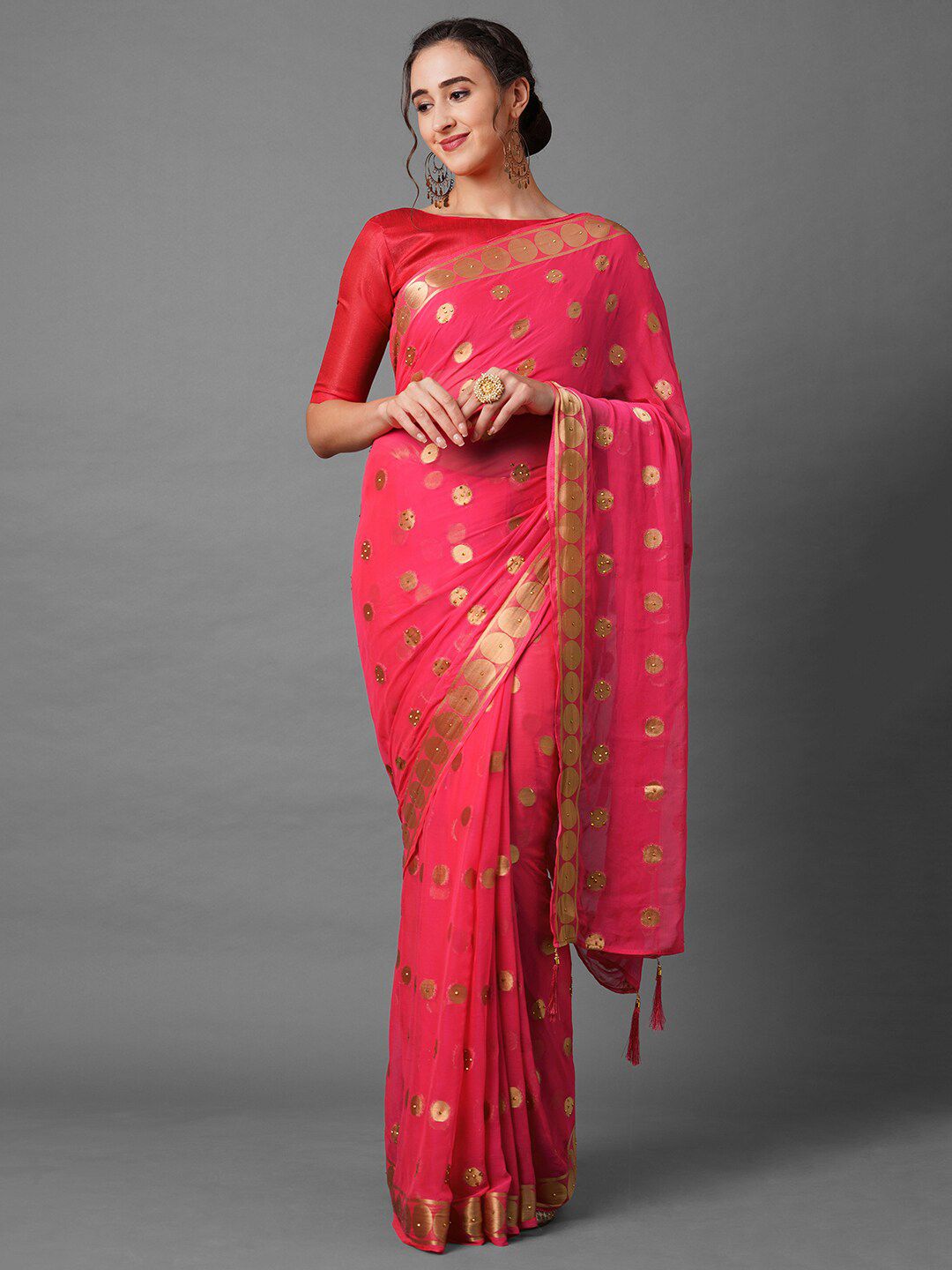 Mitera Mitera Pink & Gold-Toned Woven Design Zari Saree