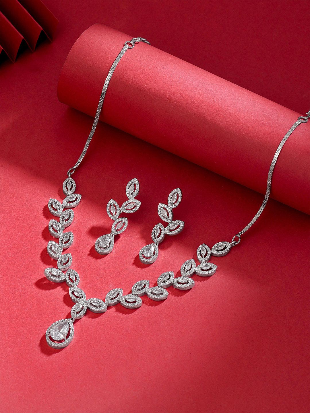Silver-Plated Jewellery Set Yellow Chimes Rhodium Plated American Diamond Studded Jewellery Set