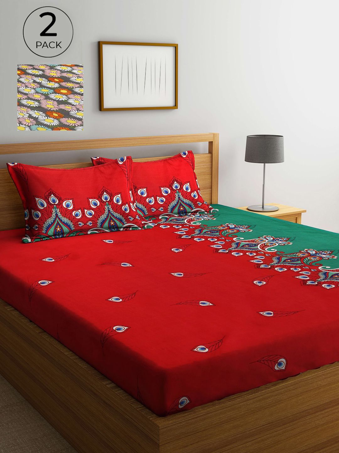 Arrabi Red & Grey Ethnic Motifs 300 TC 2 King Bedsheets with 4 Pillow Covers Price in India