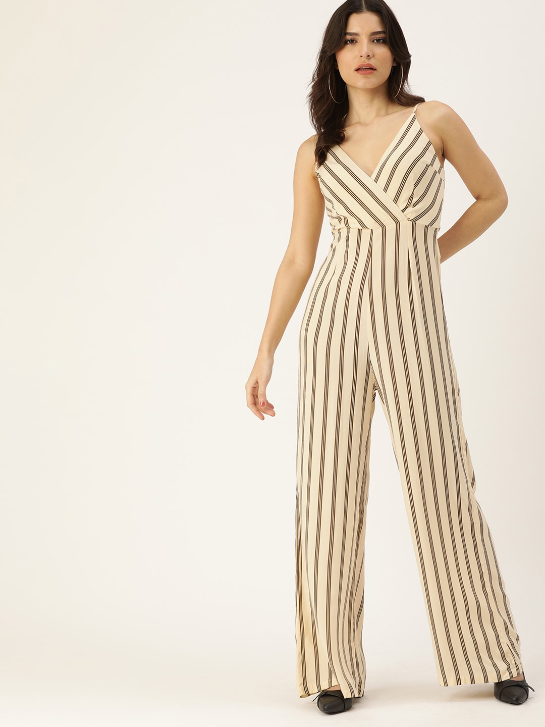 FOREVER 21 Beige & Olive Green Striped Basic Jumpsuit Price in India