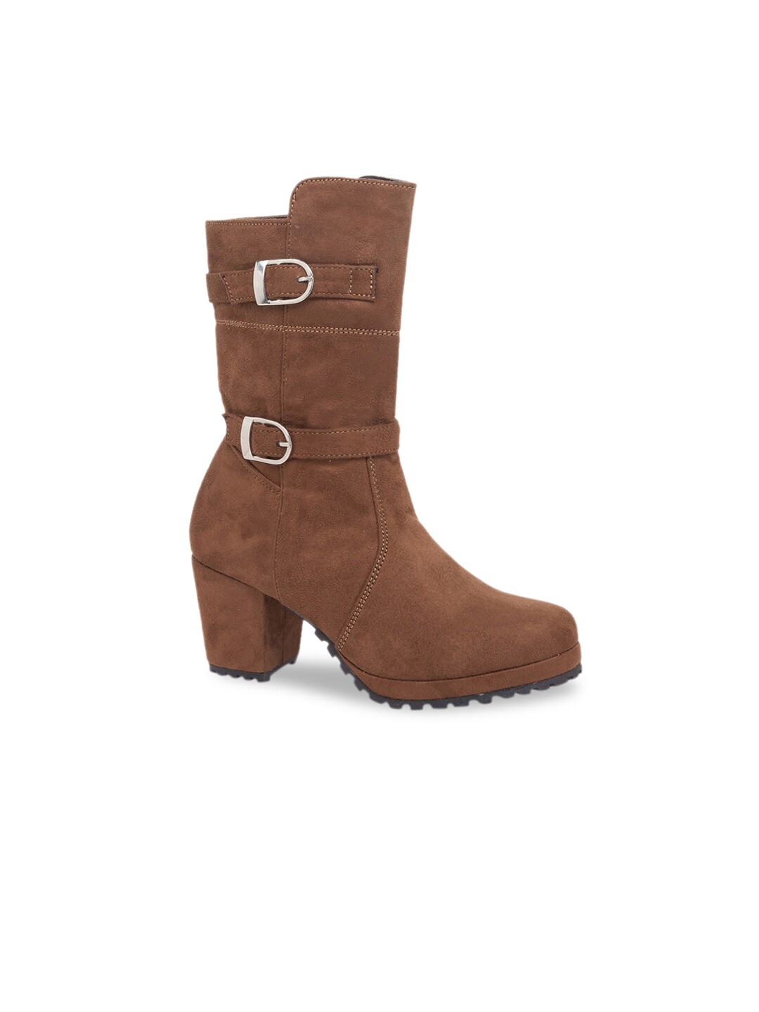 Sole To Soul Brown Suede Block Heeled Boots with Buckles Price in India