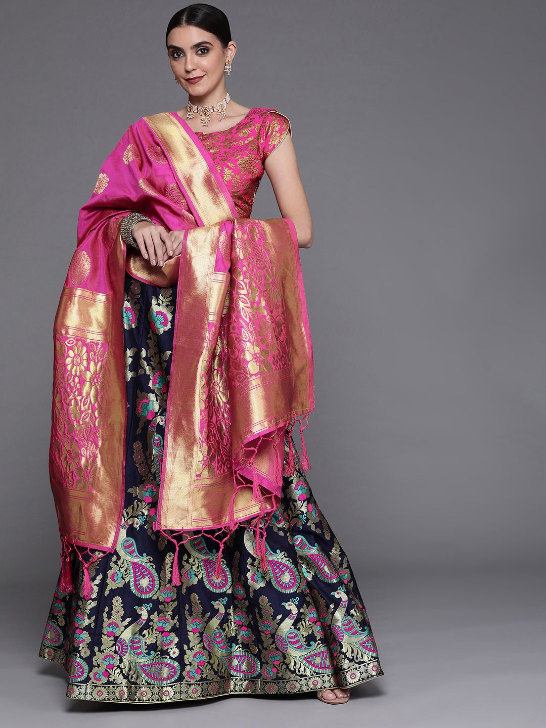 Chhabra 555 Pink & Golden Semi-Stitched Lehenga & Unstitched Blouse With Dupatta Price in India