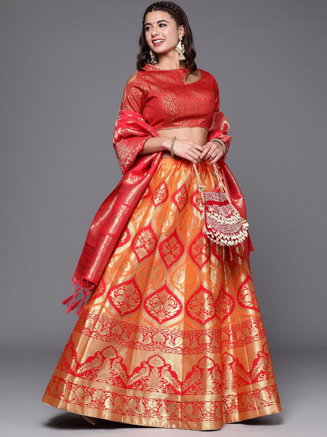 Chhabra 555 Orange & Red Semi-Stitched Lehenga & Unstitched Blouse With Dupatta Price in India