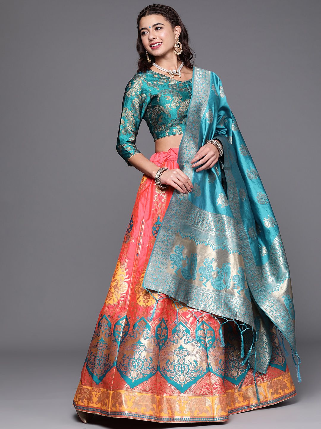 Chhabra 555 Pink & Turquoise Blue Semi-Stitched Lehenga & Unstitched Blouse With Dupatta Price in India