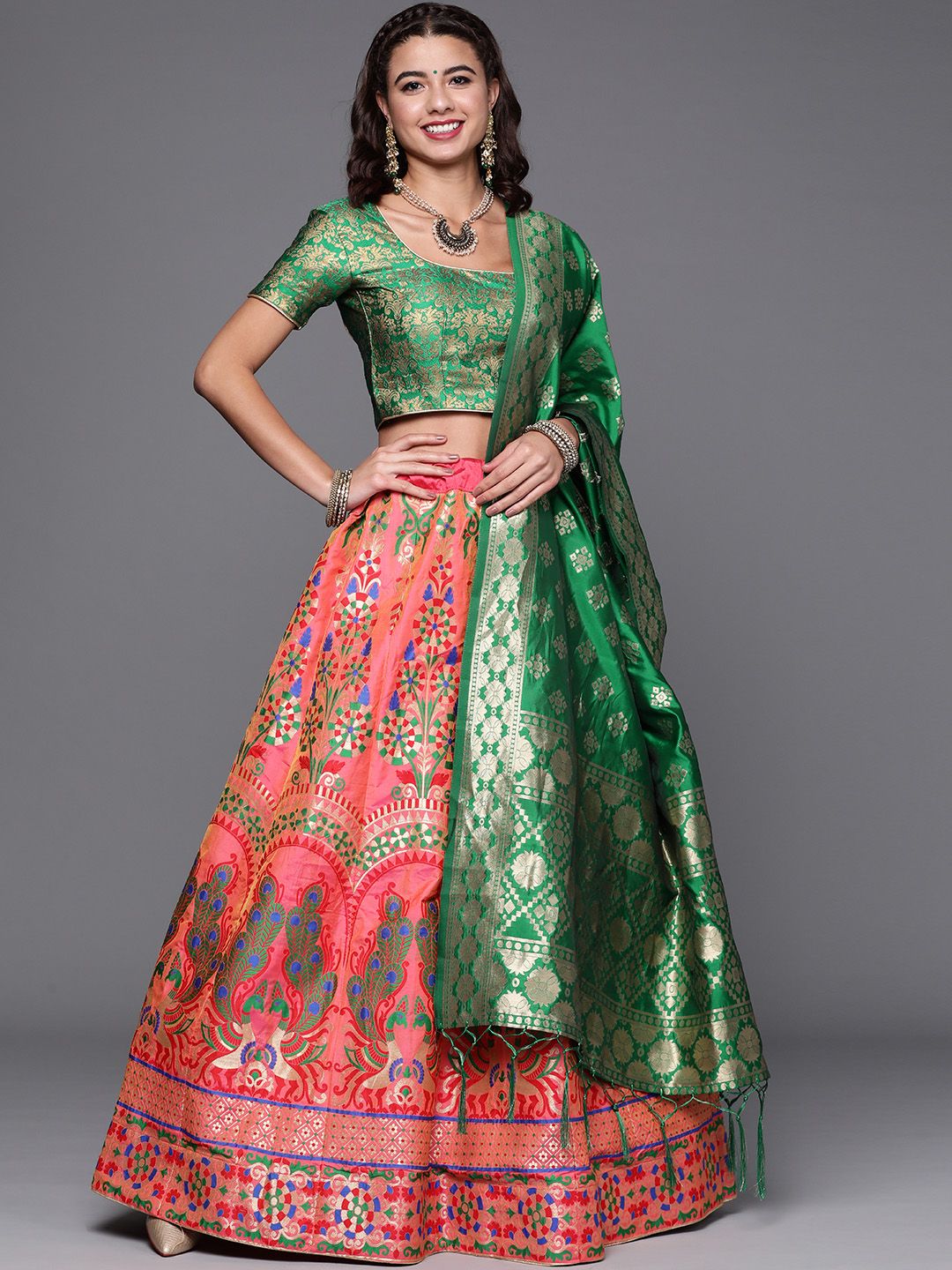 Chhabra 555 Pink & Green Semi Stitched Banarasi Brocade Silk Lehenga Set Price in India