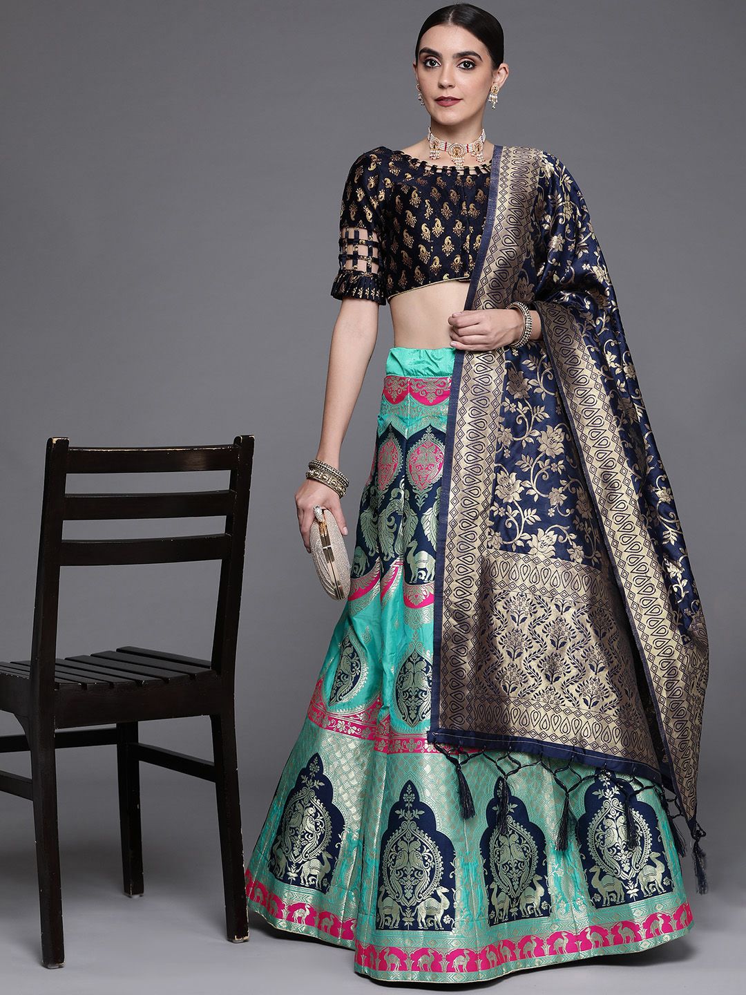 Chhabra 555 Navy Blue & Golden Semi-Stitched Lehenga & Unstitched Blouse With Dupatta Price in India