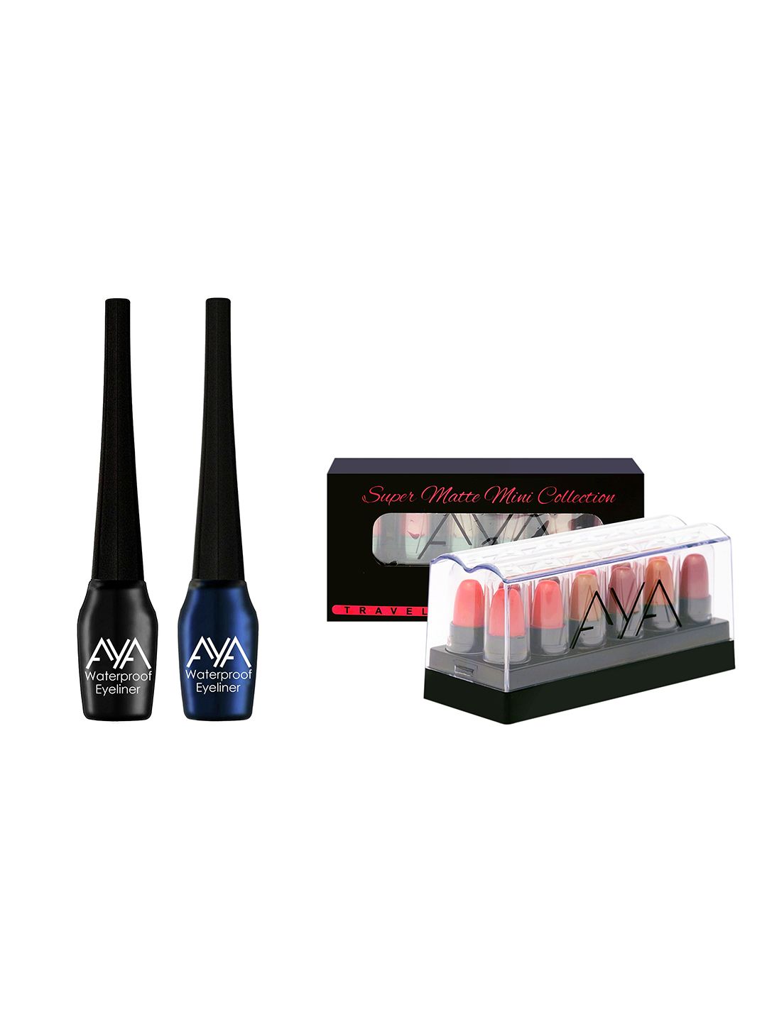 AYA Set of 2 Waterproof Liquid Eyeliner & Set of 12 Super Matte Mini Lipstick Combo Price in India