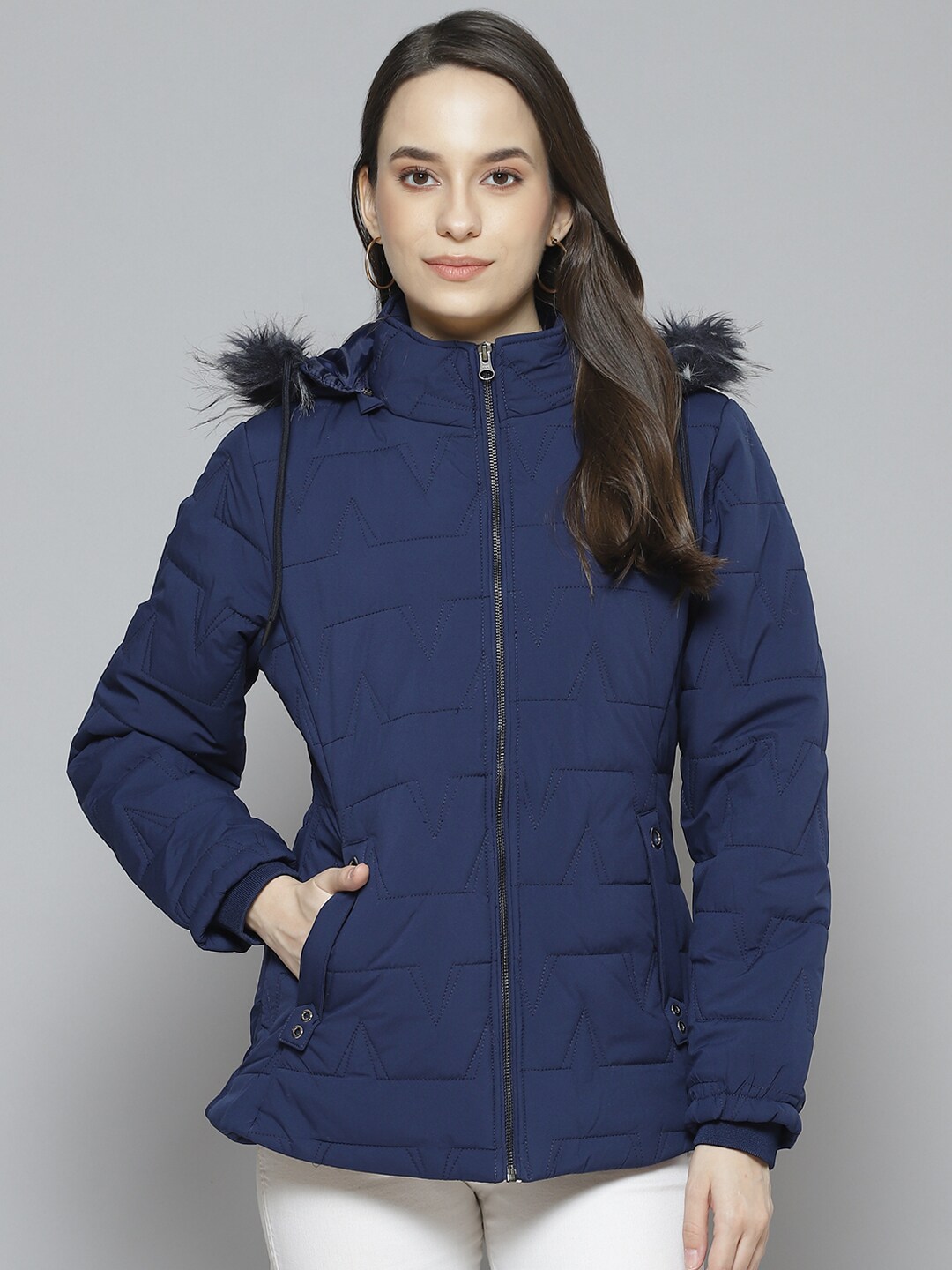 Fort Collins Women Navy Blue Solid Parka Jacket with Detachable Hood Price in India