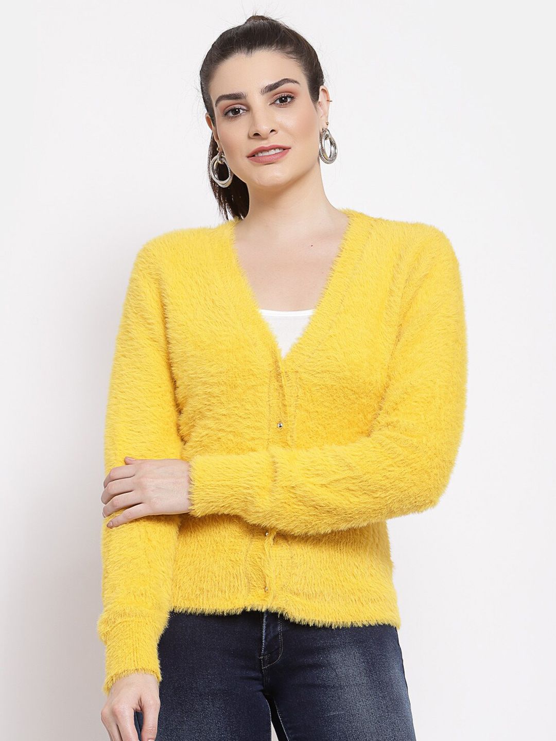 Mafadeny Women Yellow Boucle Cardigan with Fuzzy Detail Price in India