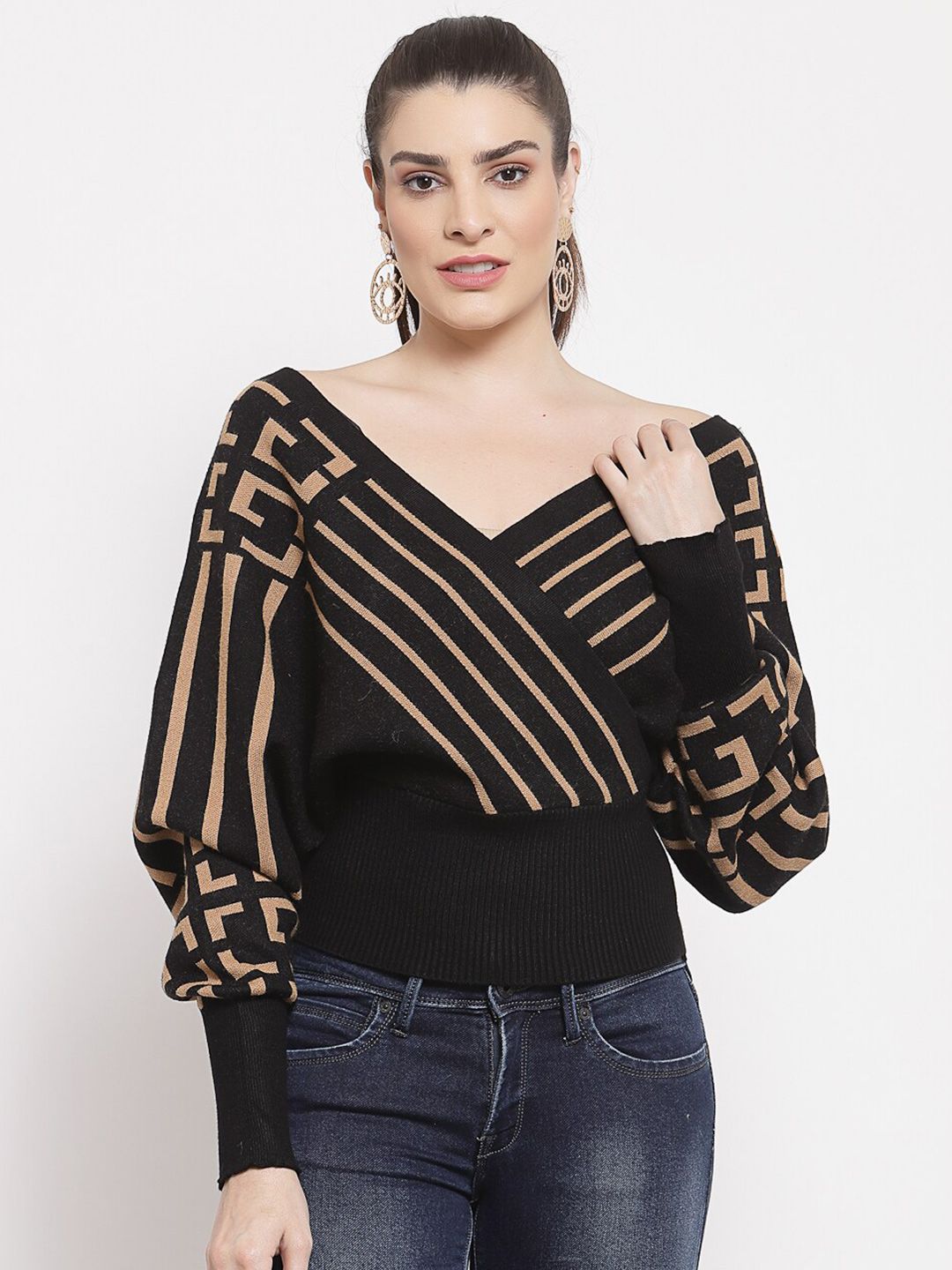 Mafadeny Women Black & Beige Striped Crop Pullover Price in India