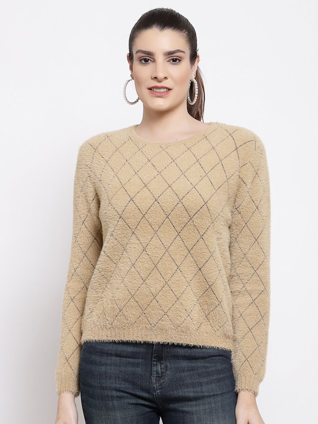 Mafadeny Women Khaki Checked Pullover with Fuzzy Detail Price in India