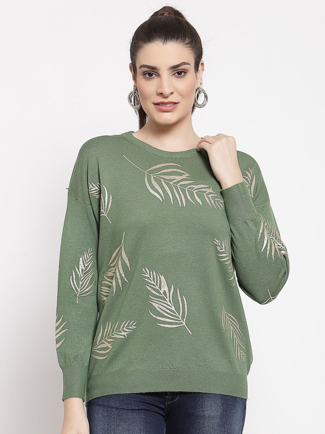 Mafadeny Women Green & Gold-Toned Floral Printed Pullover Price in India