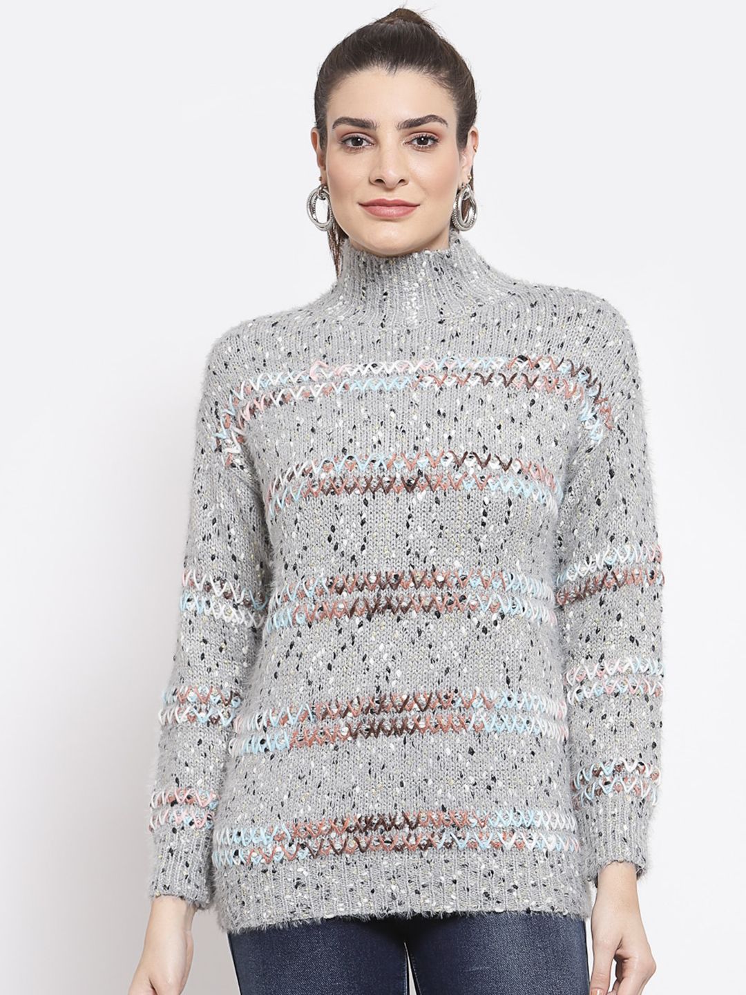 Mafadeny Women Grey & Multicoloured Speckled Longline Pullover Price in India