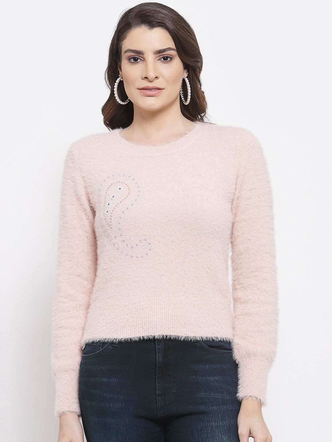 Mafadeny Women Pink Boucle Crop Pullover with Fuzzy Detail Price in India