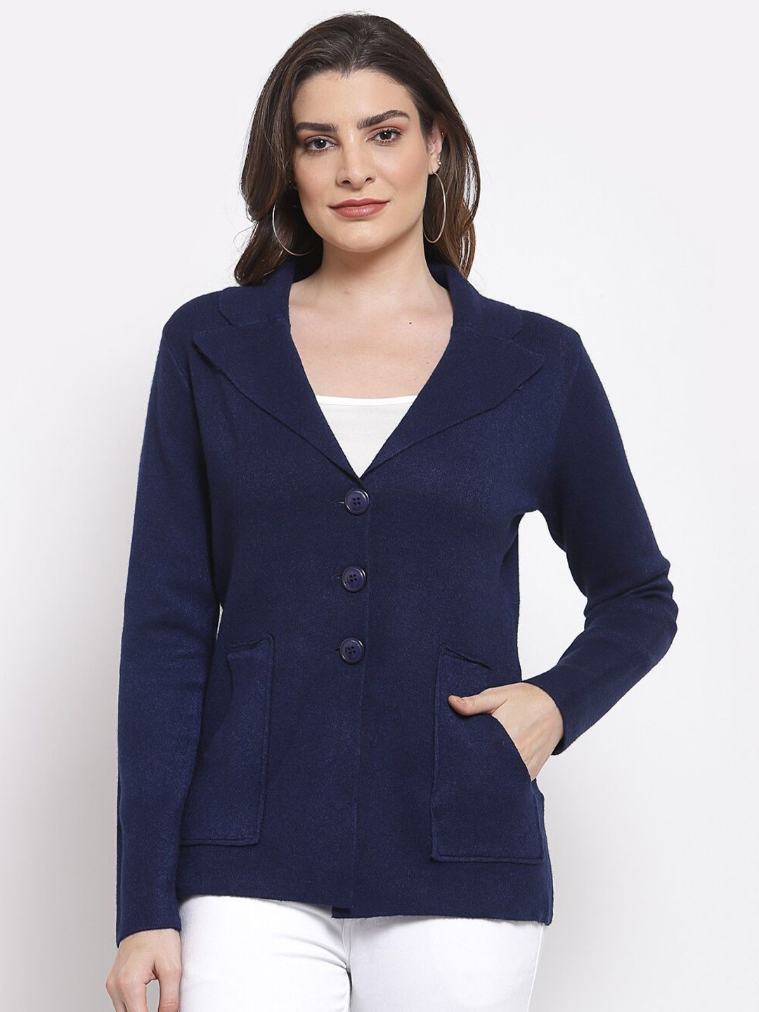 Mafadeny Women Navy Blue Lapel Collar Cardigan Price in India