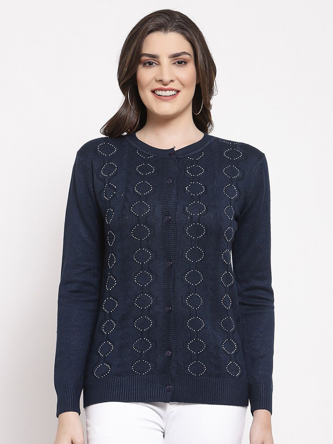 Mafadeny Women Navy Blue & White Printed Cardigan Price in India