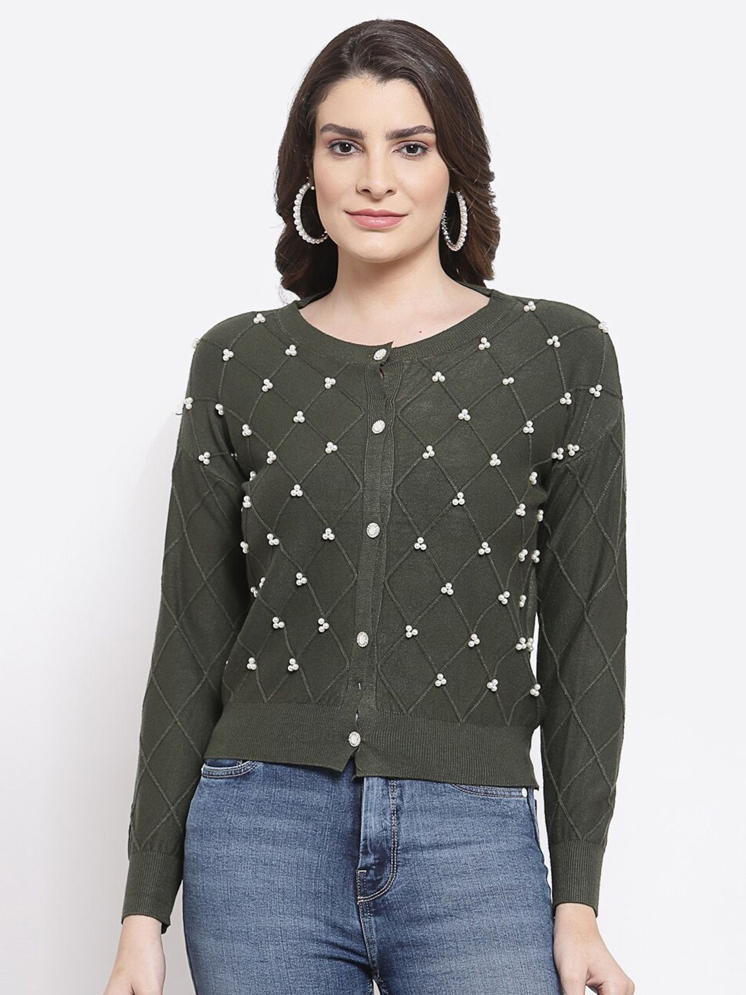 Mafadeny Women Green & White Cable Knit Cardigan with Embellished Detail Price in India