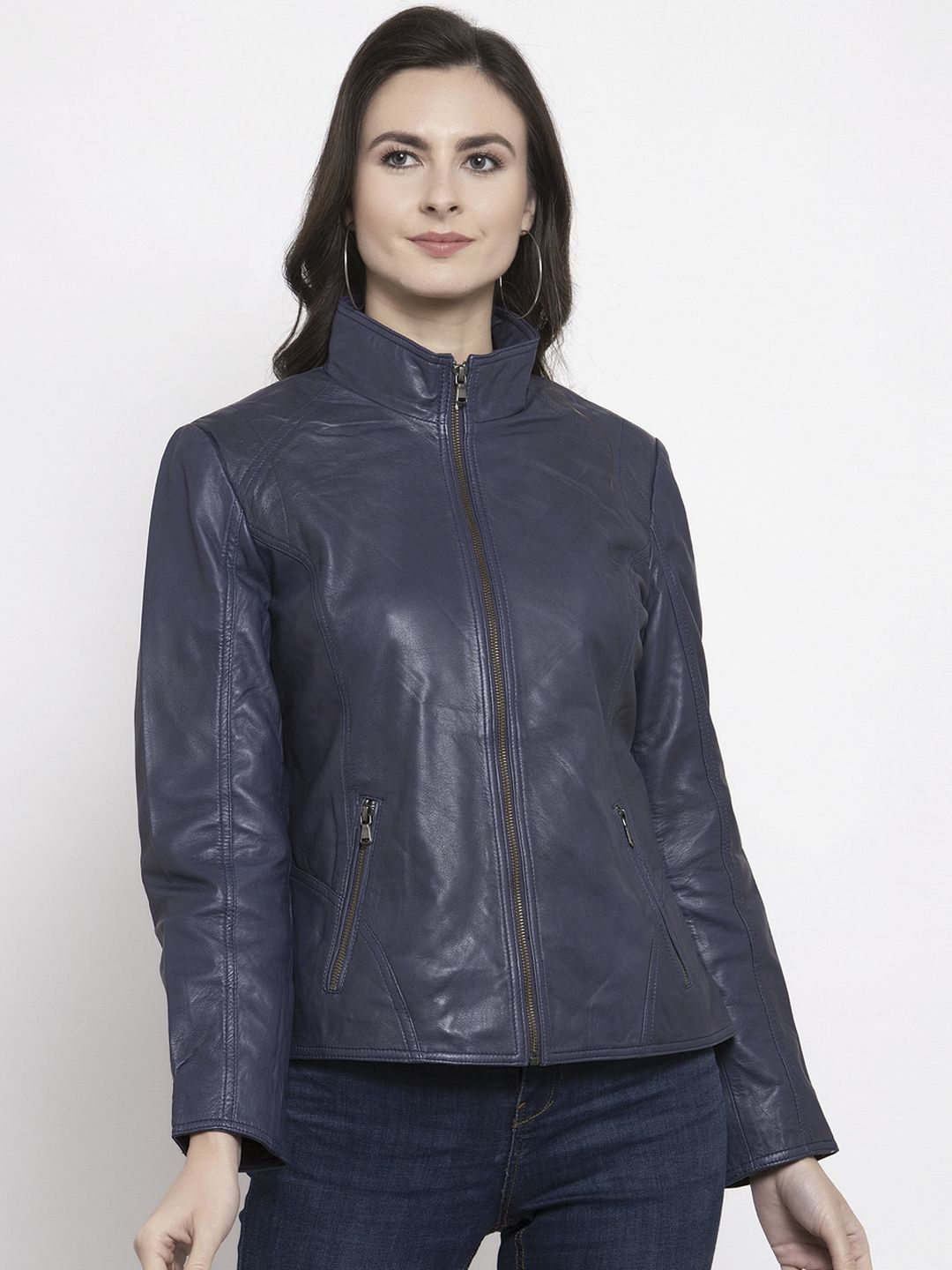 BEAVER Women Navy Blue Insulator Leather Jacket Price in India