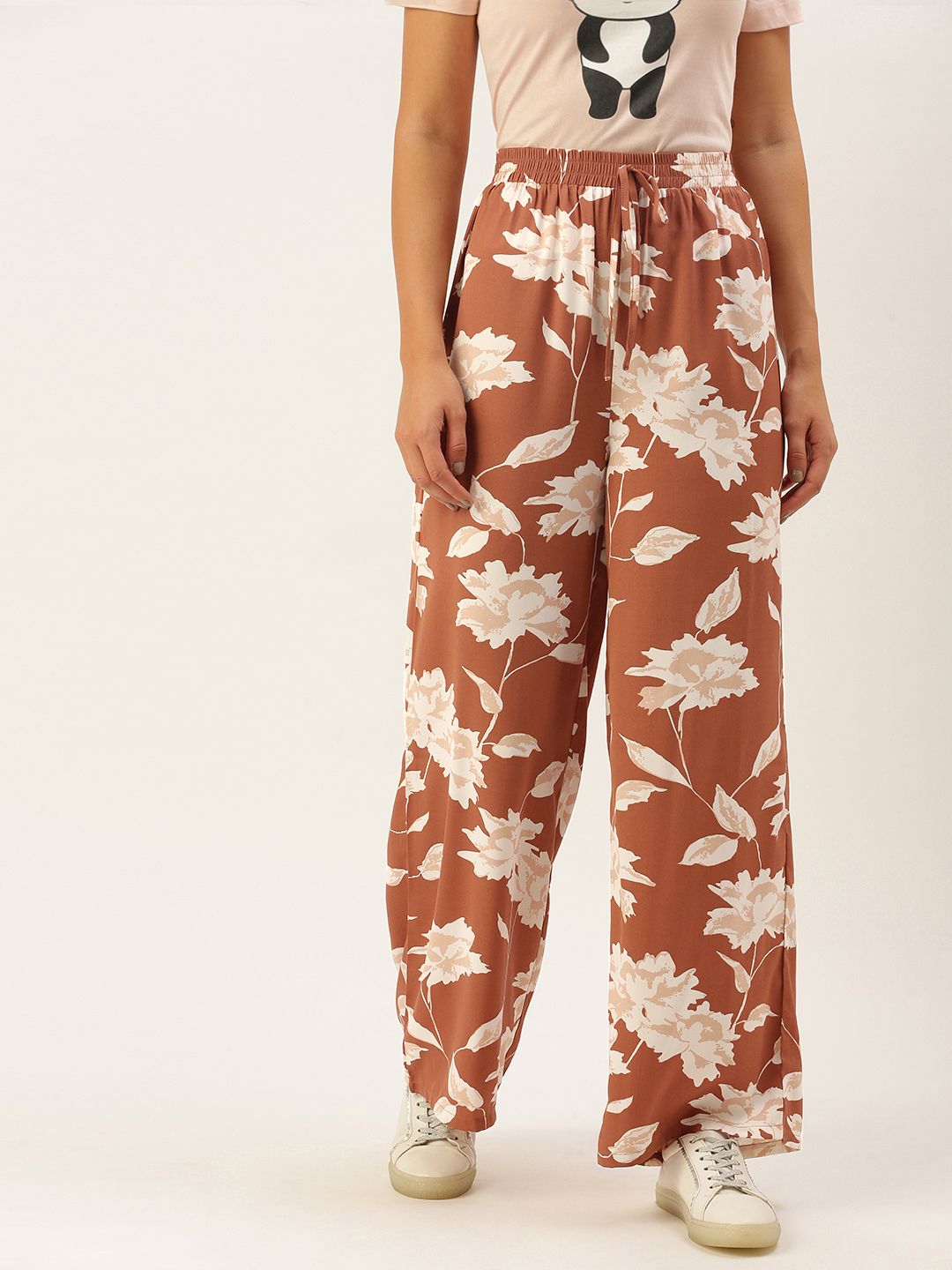 Berrylush Women Brown Floral Printed Relaxed High-Rise Trousers Price in India