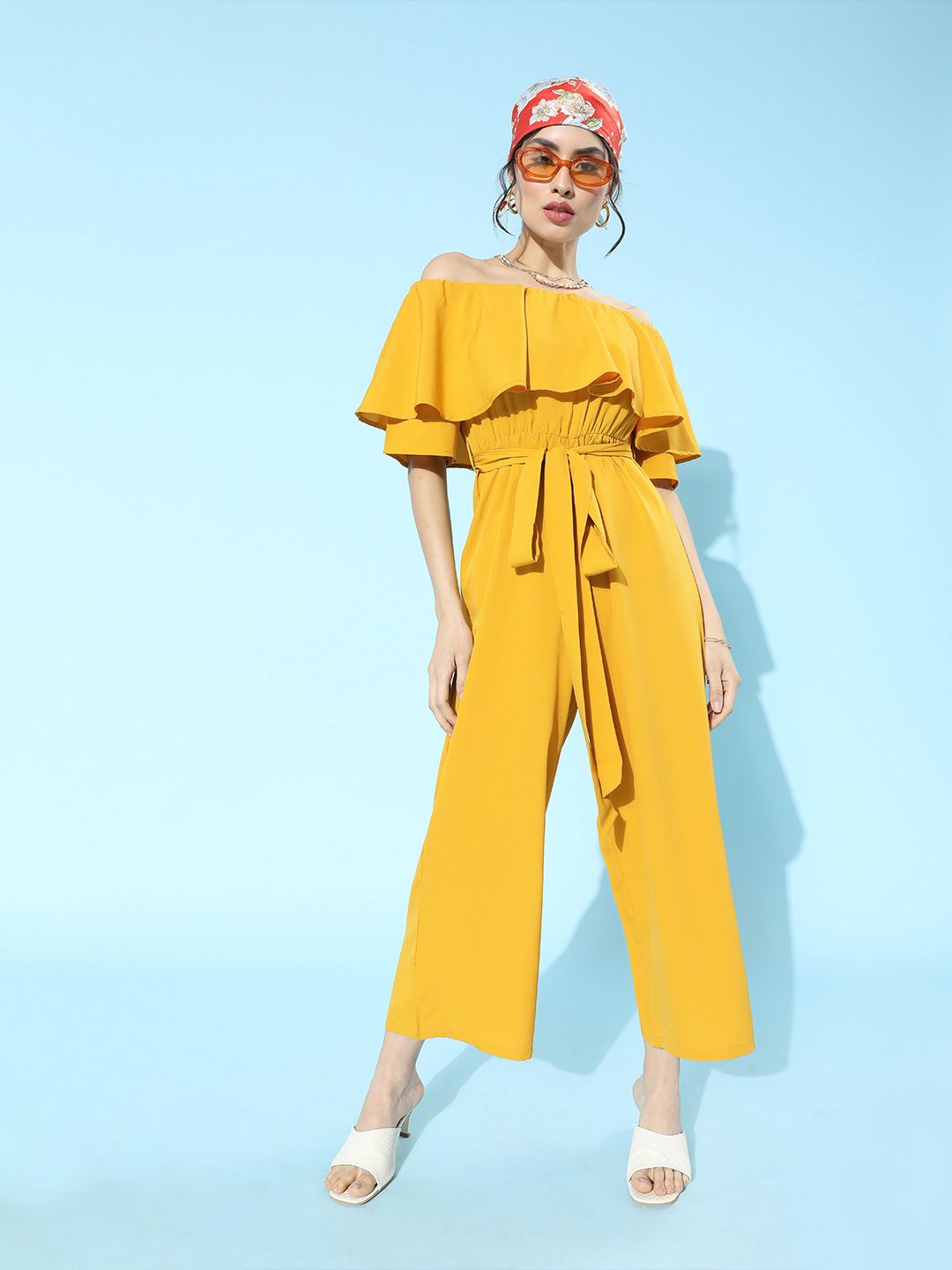 Berrylush Women Bright Yellow Solid Ruffled Jumpsuit Price in India