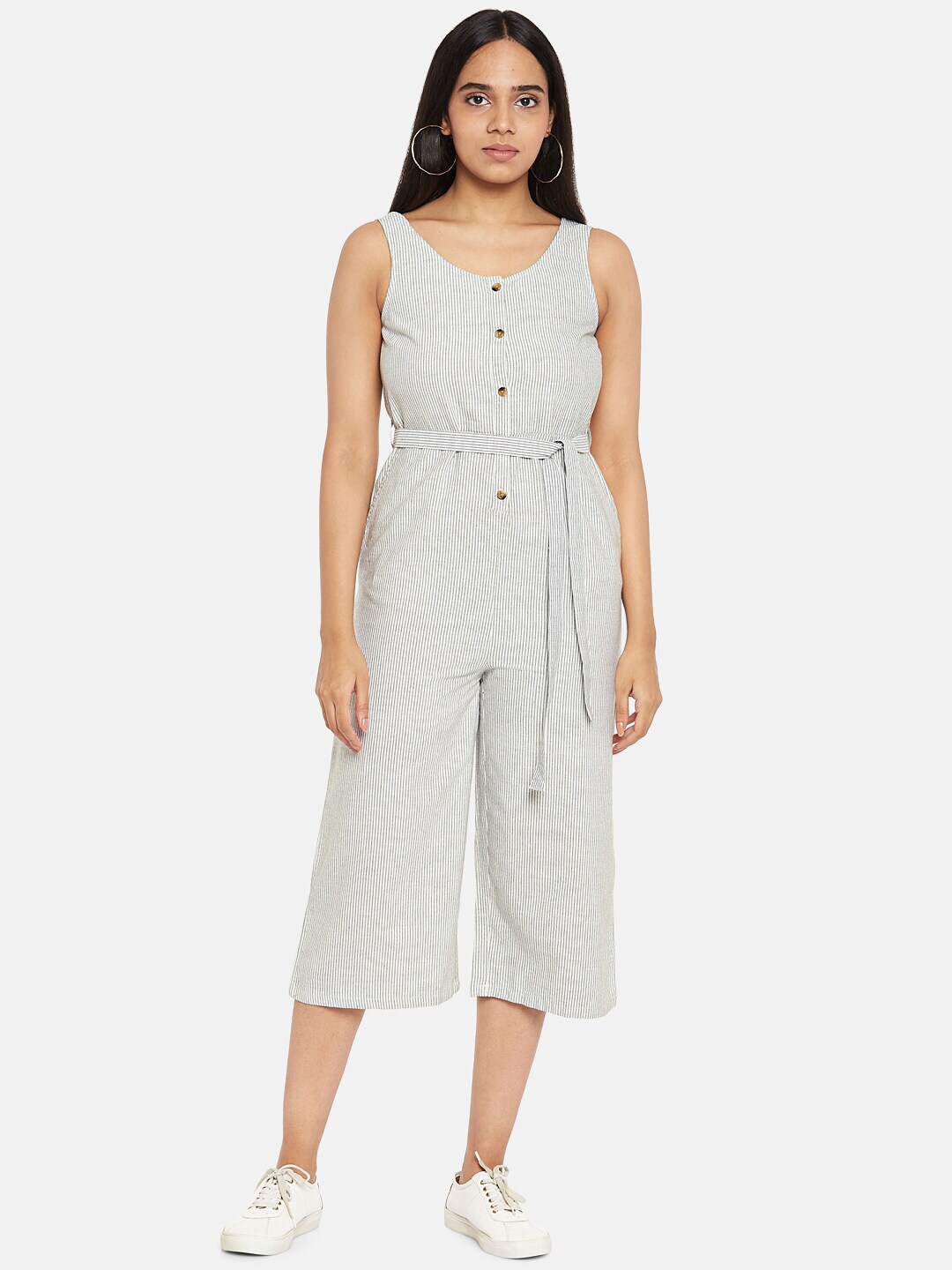 People Off White & Grey Striped Culotte Jumpsuit Price in India