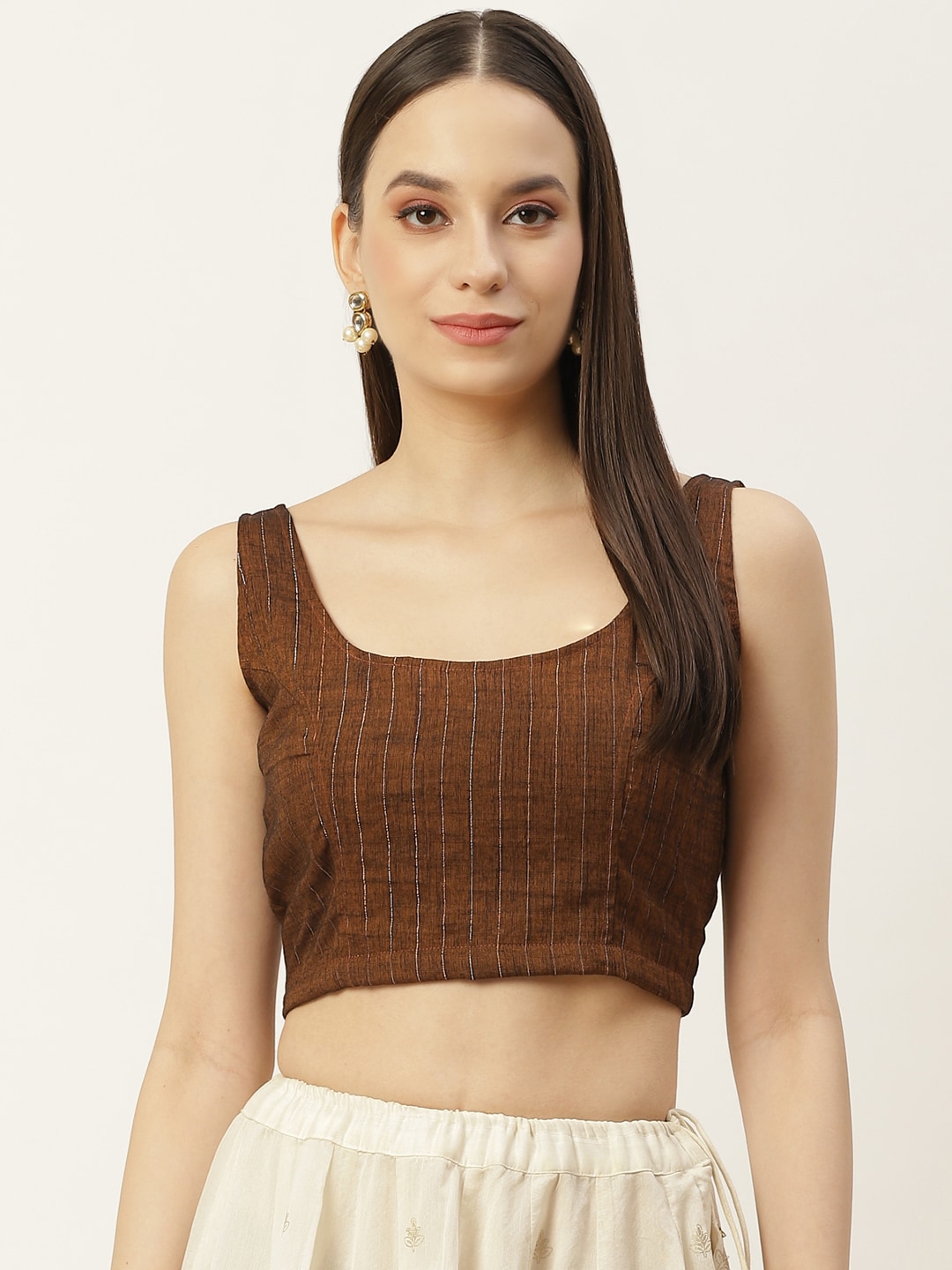 Molcha Brown & Silver Metallic Woven Cotton Sleeveless Back Open Padded Blouse Price in India