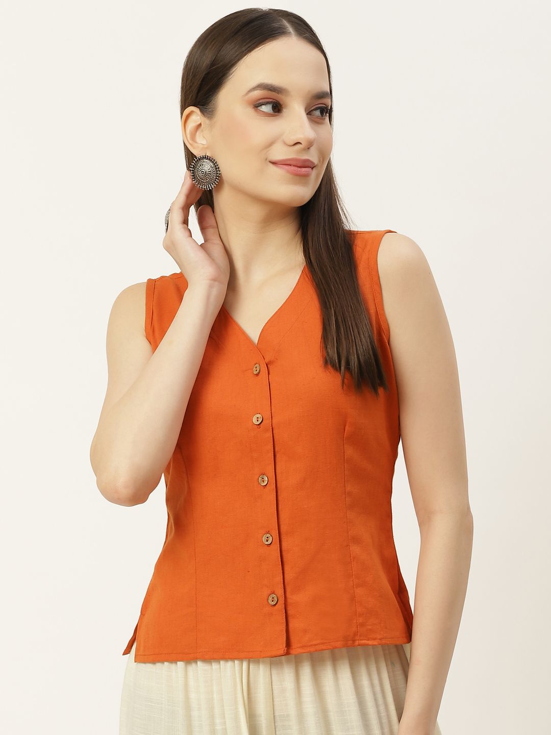 Molcha Rust Non Padded Front Open Cotton Long Blouse Price in India