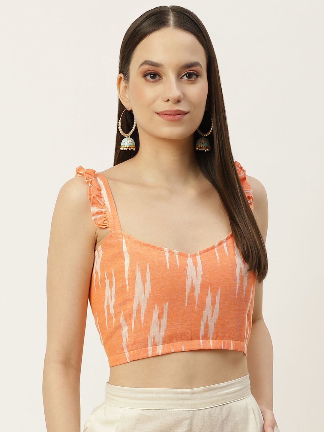 Molcha Peach Cotton Ikat Non Padded Back Open Sleeveless blouse with Frill Strap Price in India