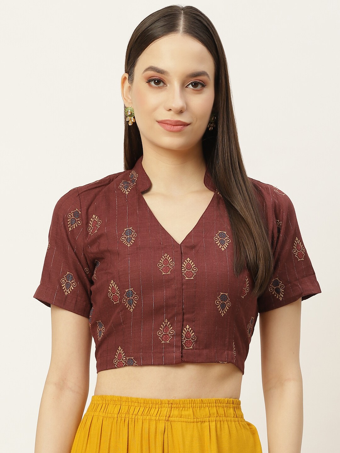 Molcha Brown & Gold Ethnic Metallic Printed Non Padded Front Open Cotton Blouse Price in India
