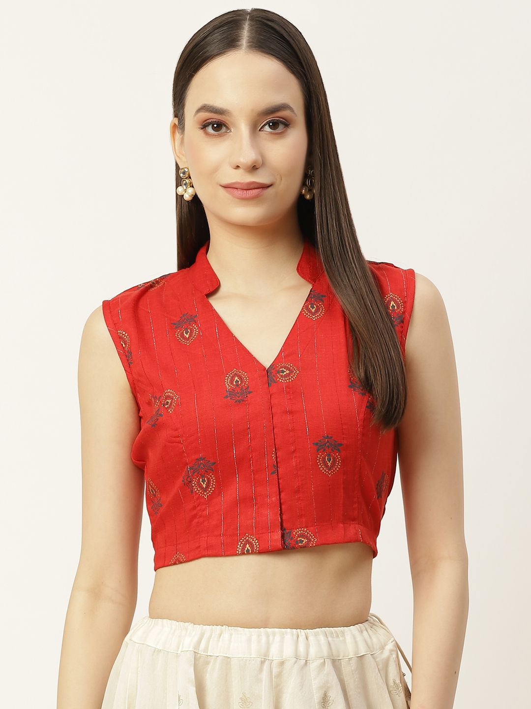 Molcha Red & Gold Ethnic metallic Printed Non Padded Front Open Cotton Sleeveless Blouse Price in India