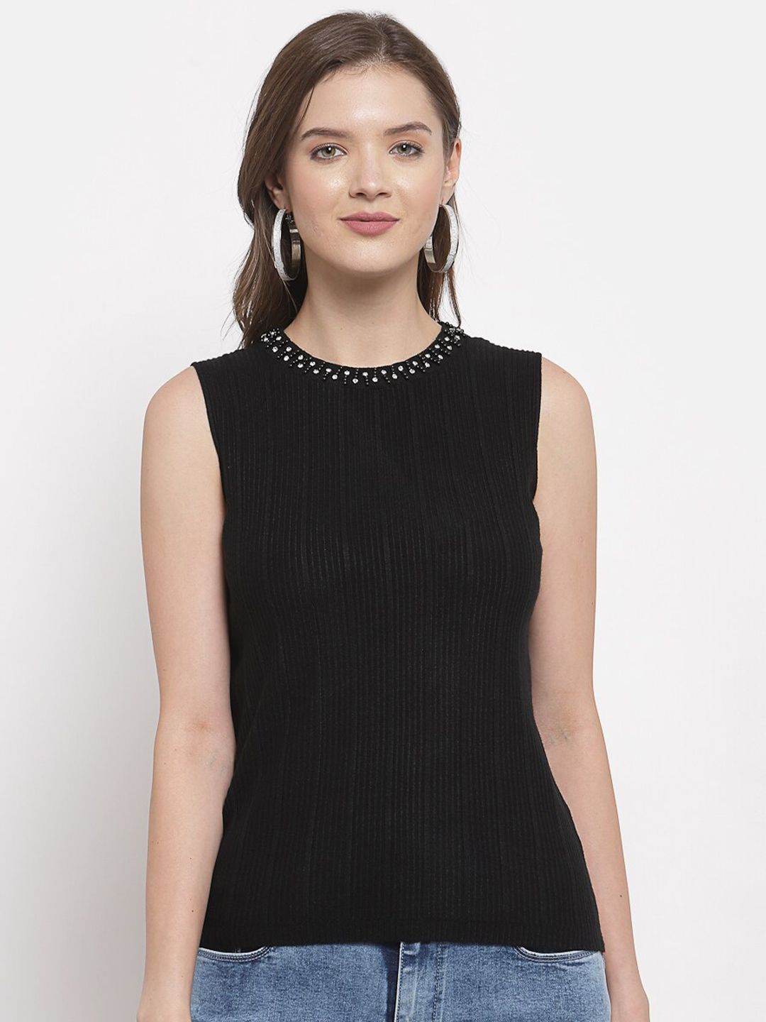 Mafadeny Women Black Ribbed Sweater Vest With Embellished Detailing Price in India