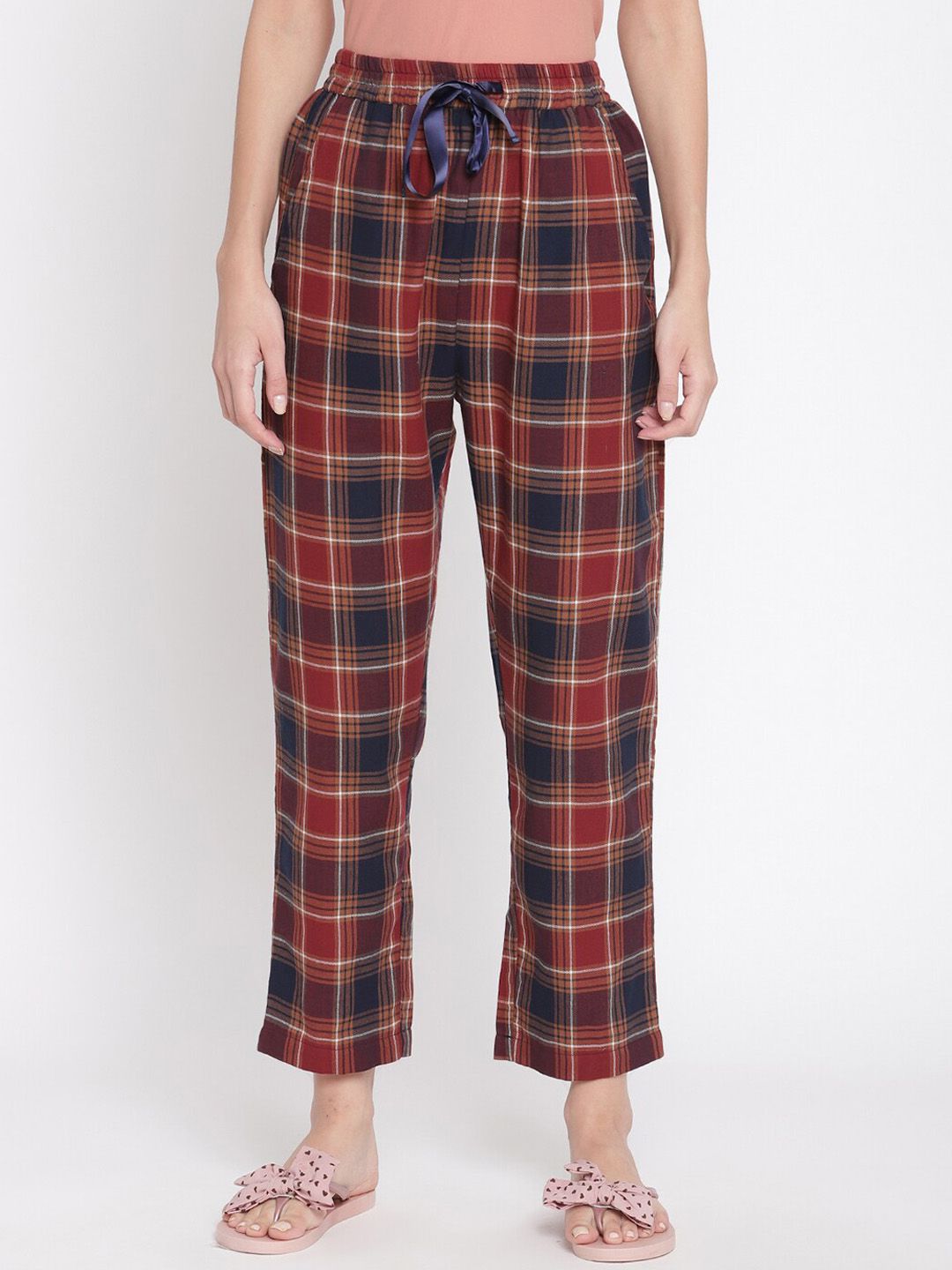 COASTLAND Women Maroon & Navy Blue Checked Cotton Lounge Pants Price in India