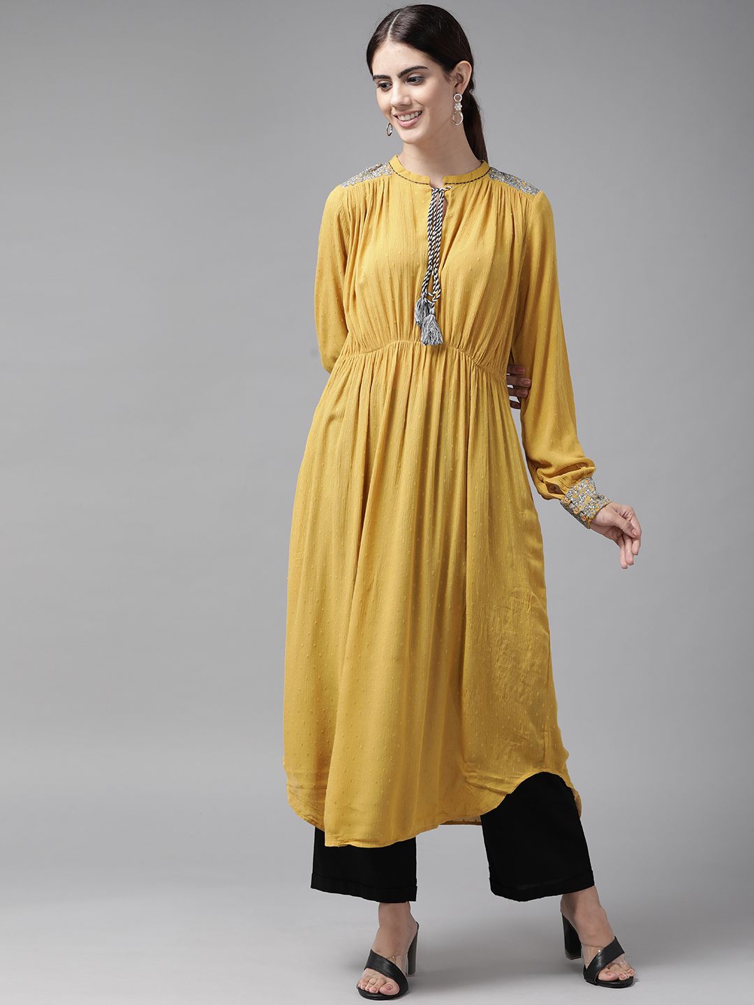 W Women Mustard Yellow Woven Design A-Line Kurta Price in India