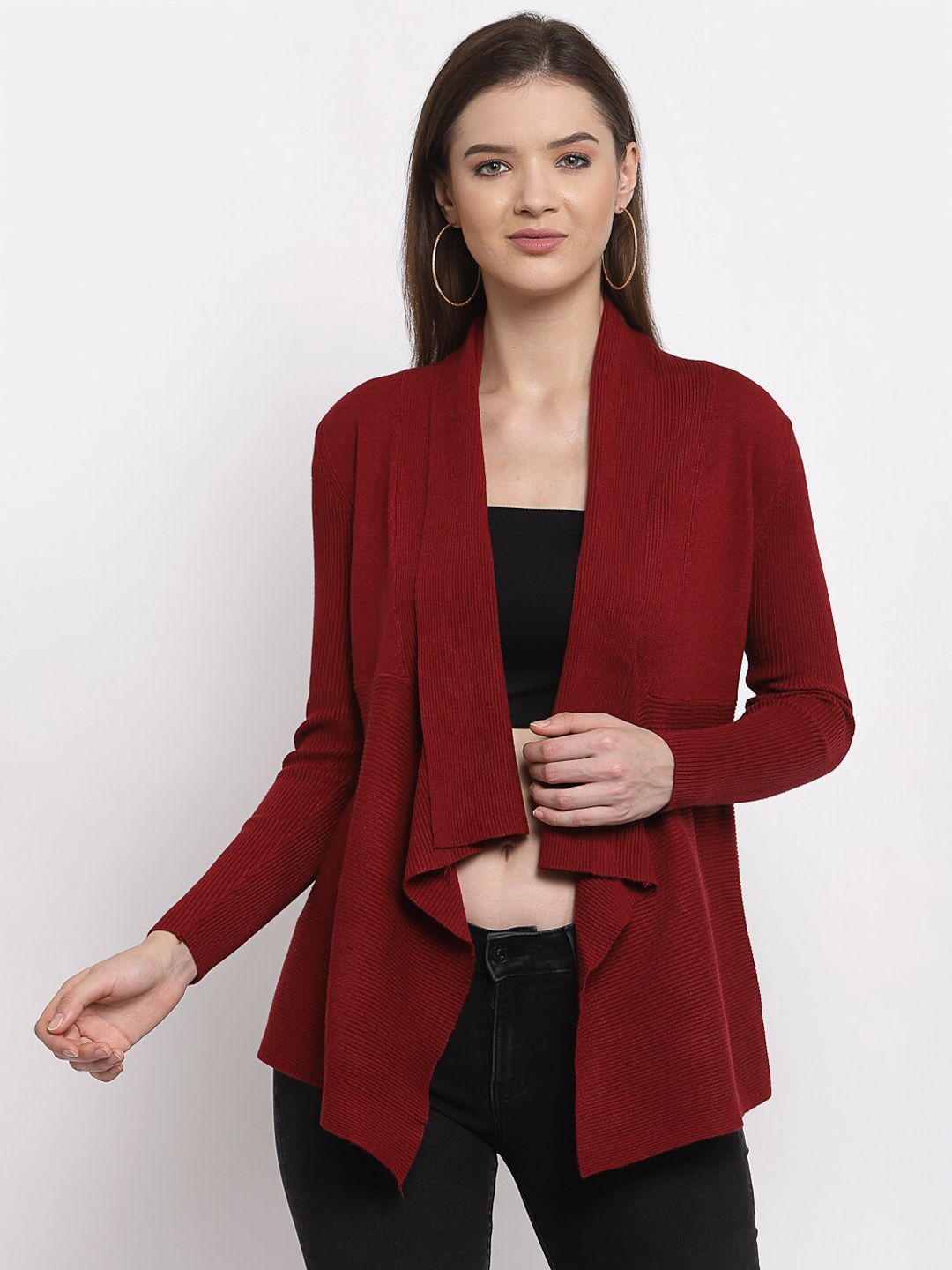 Mafadeny Women Maroon High-Low Open Front Shrug Price in India