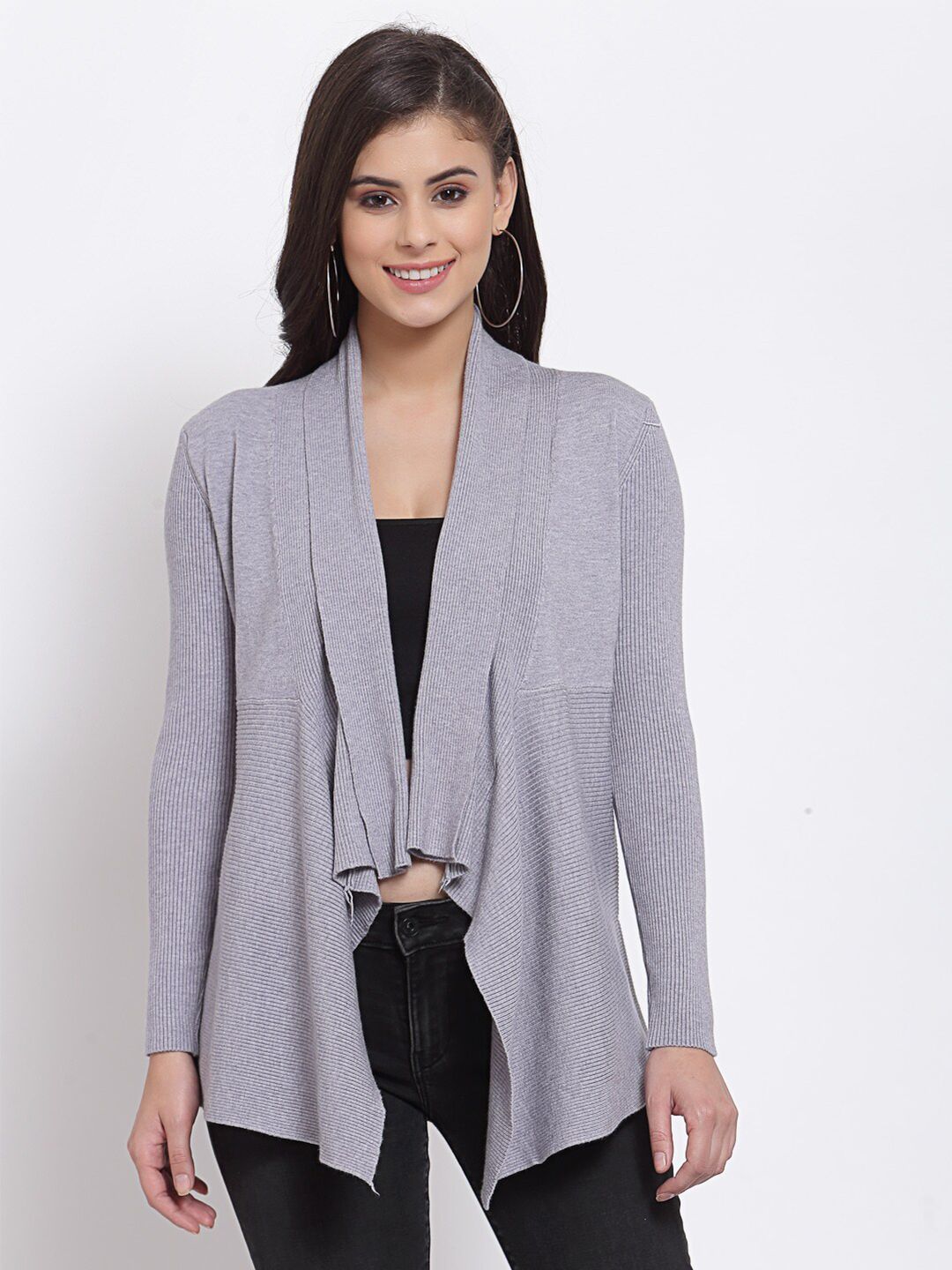 Mafadeny Women Grey Regular High-Low Hem Shrug Price in India