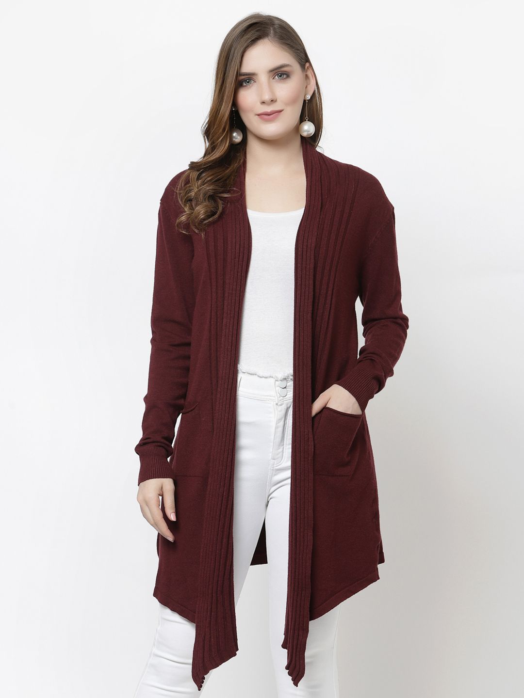 Mafadeny Women Maroon Asymmetric Longline Shrug Price in India