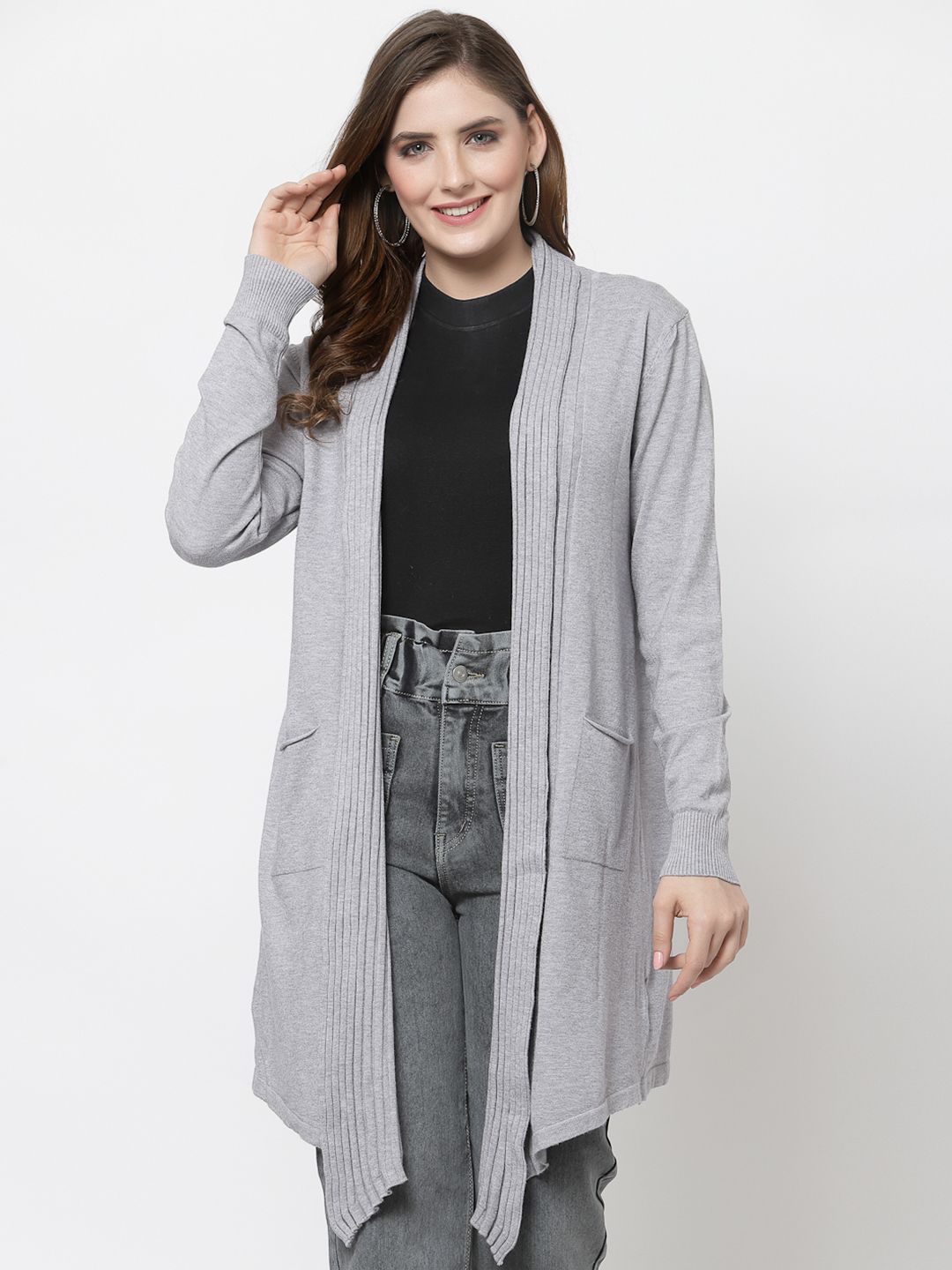 Mafadeny Women Grey Asymmetric Long-Line Shrug Price in India