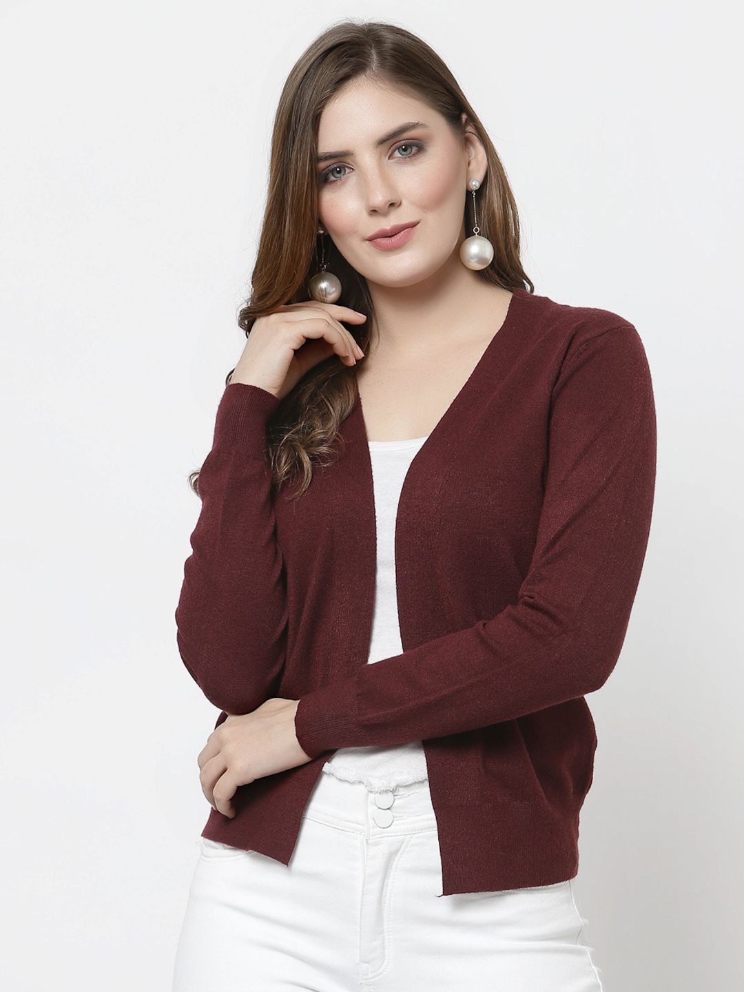 Mafadeny Women Maroon Crop Shrug Price in India