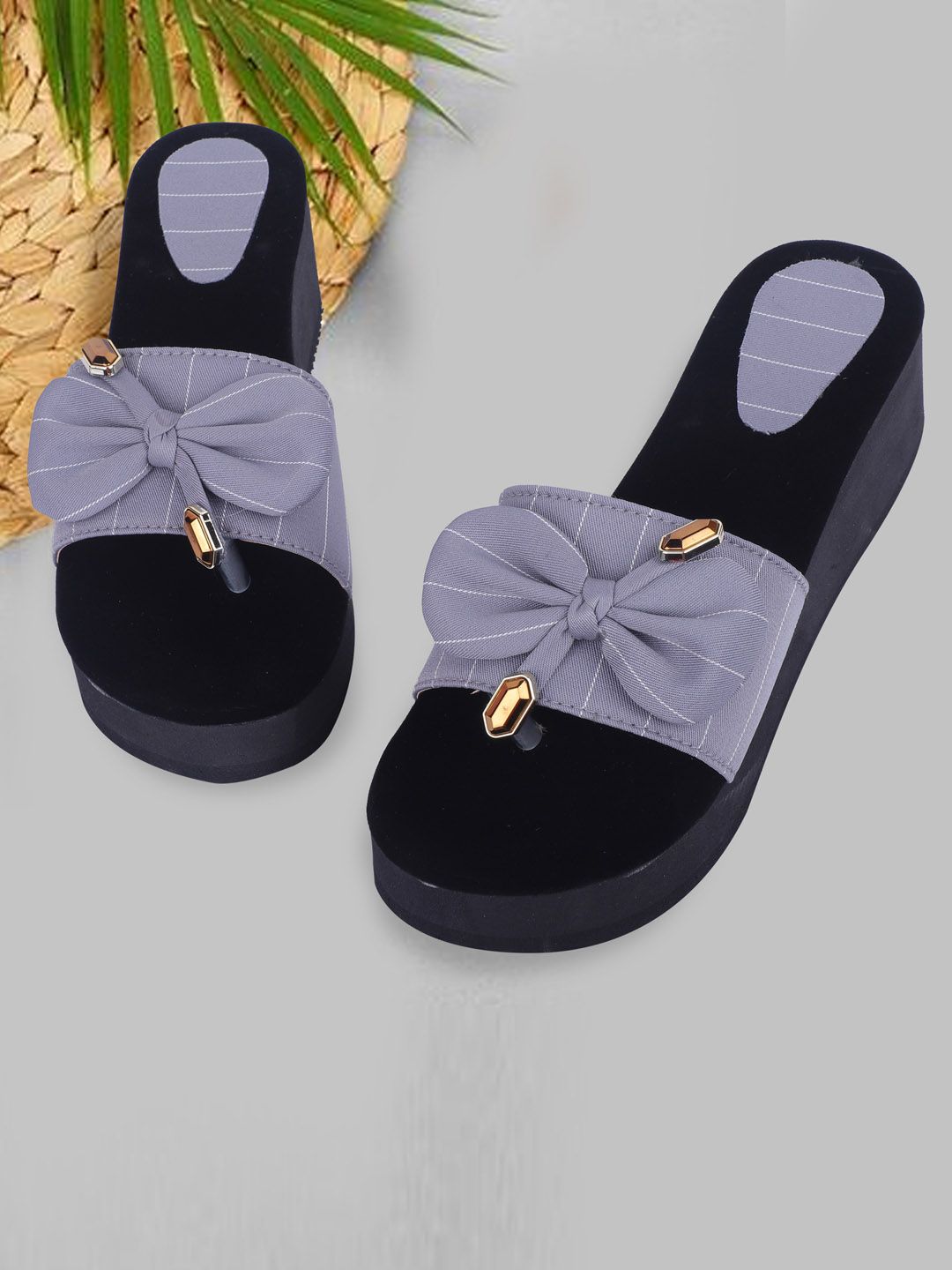 FABBMATE Grey Printed Flatform Sandals with Bows Price in India
