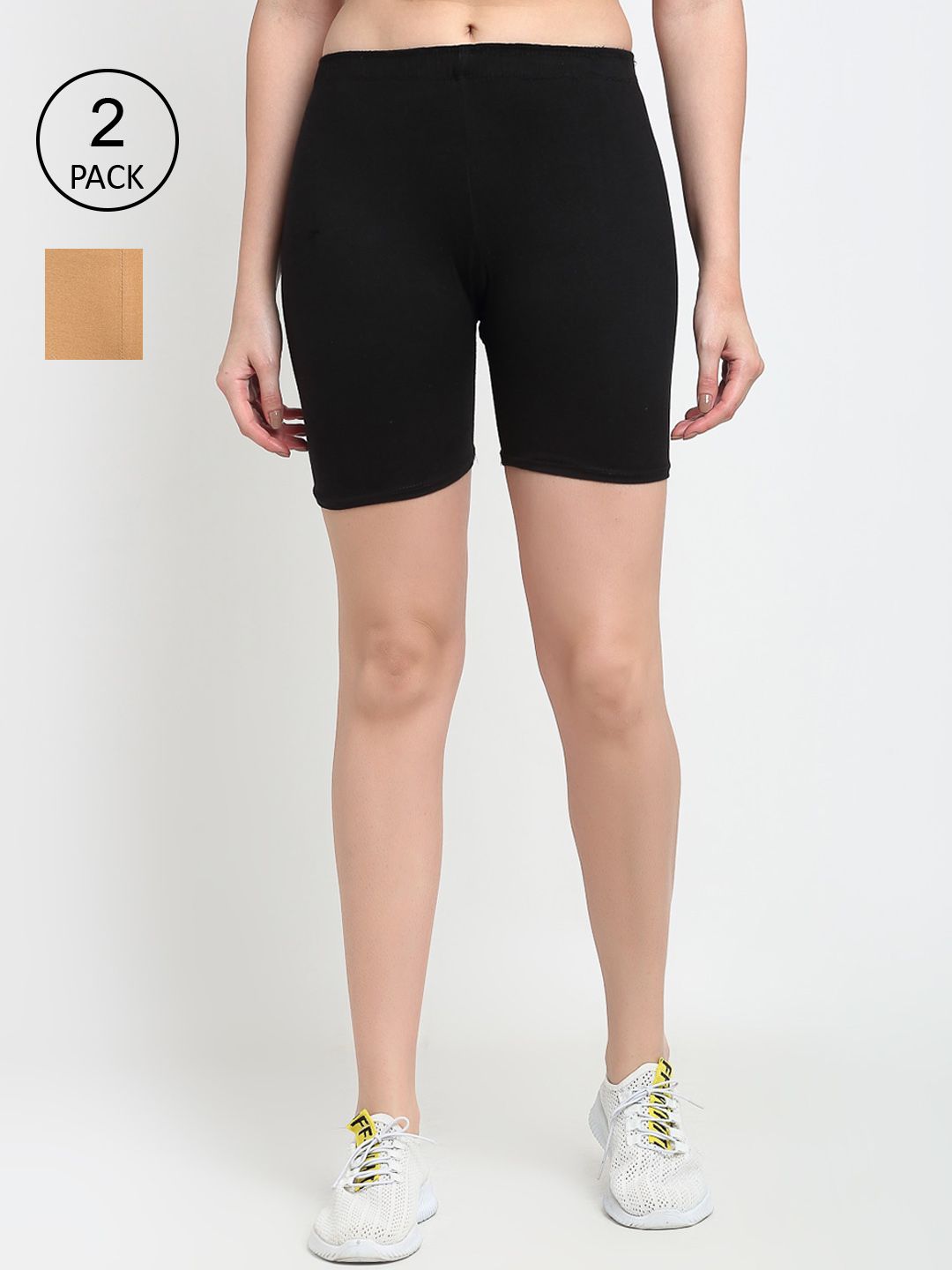 GRACIT Women Pack of 2 Black & Beige Biker Shorts Price in India