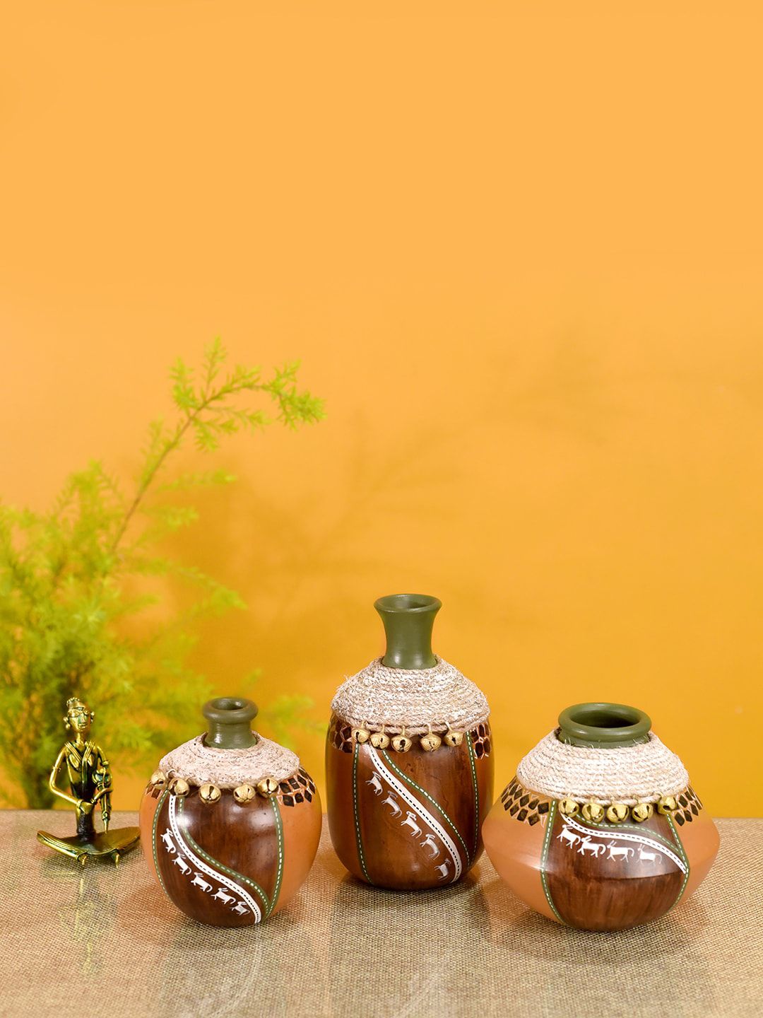 AAKRITI ART CREATIONS Set Of 3 Coco-F Jute Embellished Earthen Vases In Warli Art Price in India