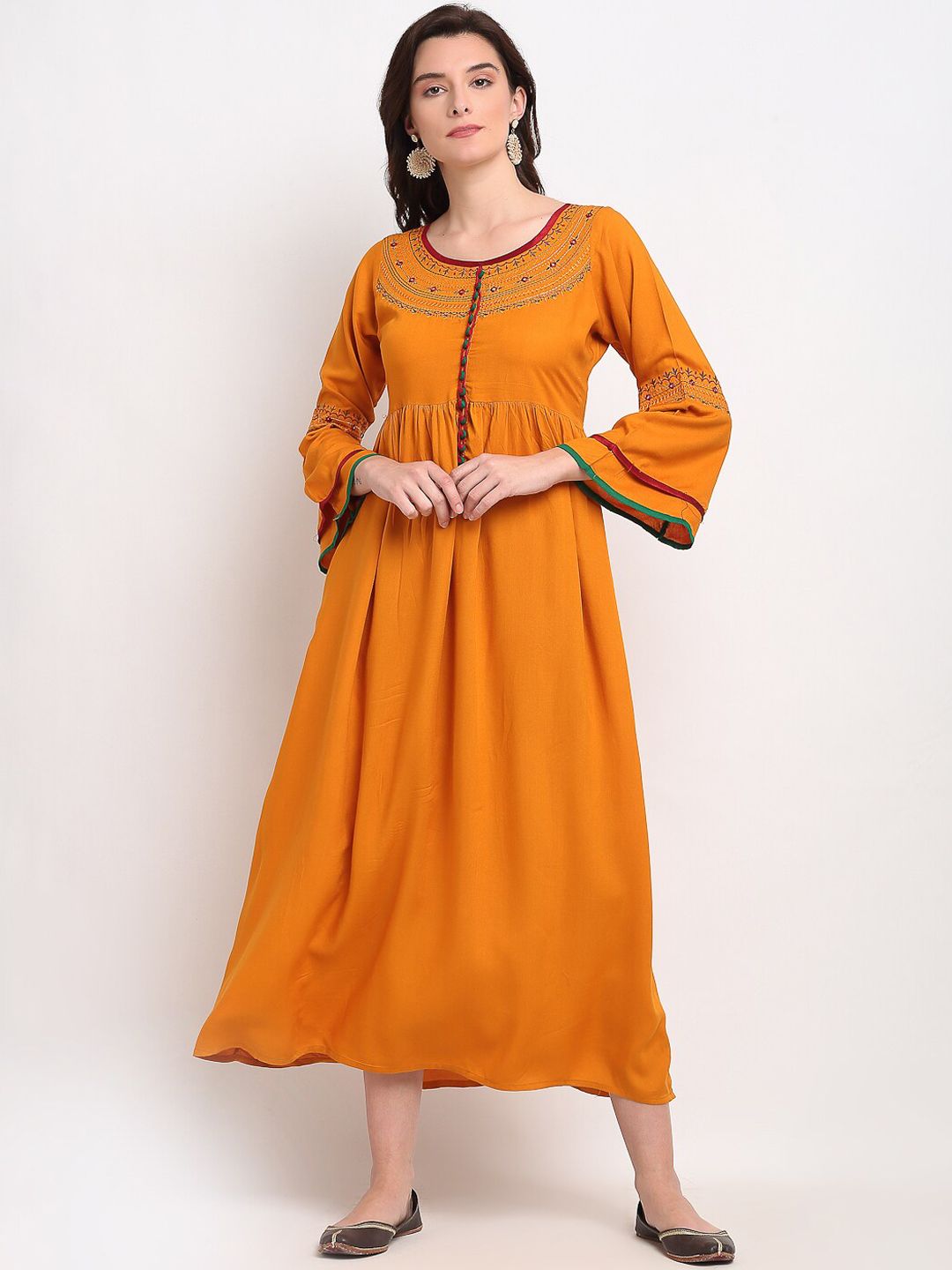 Lovely Lady Mustard Yellow Ethnic Motifs Embroidered Midi Dress Price in India