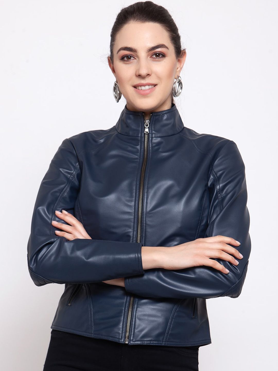 BEAVER Women Blue Synthetic Leather Biker Jacket Price in India