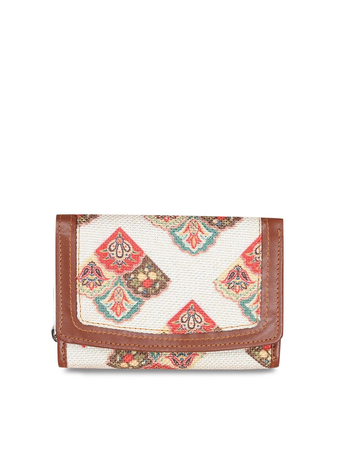 ZOUK Women White & Tan Ethnic Motifs Printed Three Fold Wallet Price in India