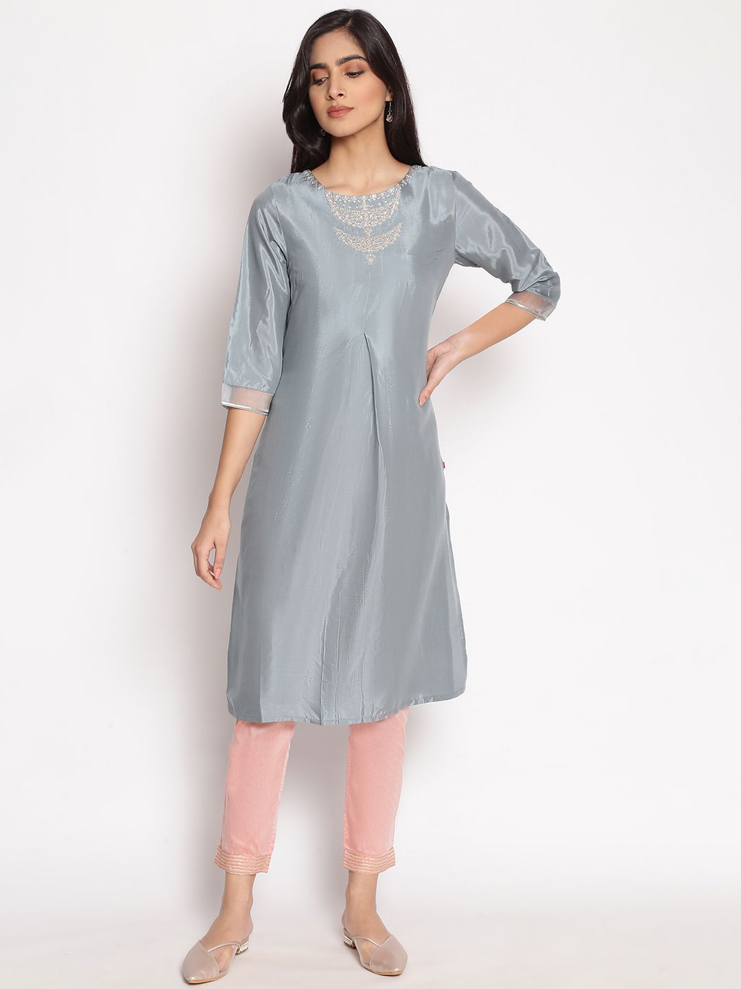 W Women Blue Thread Work Kurta Price in India