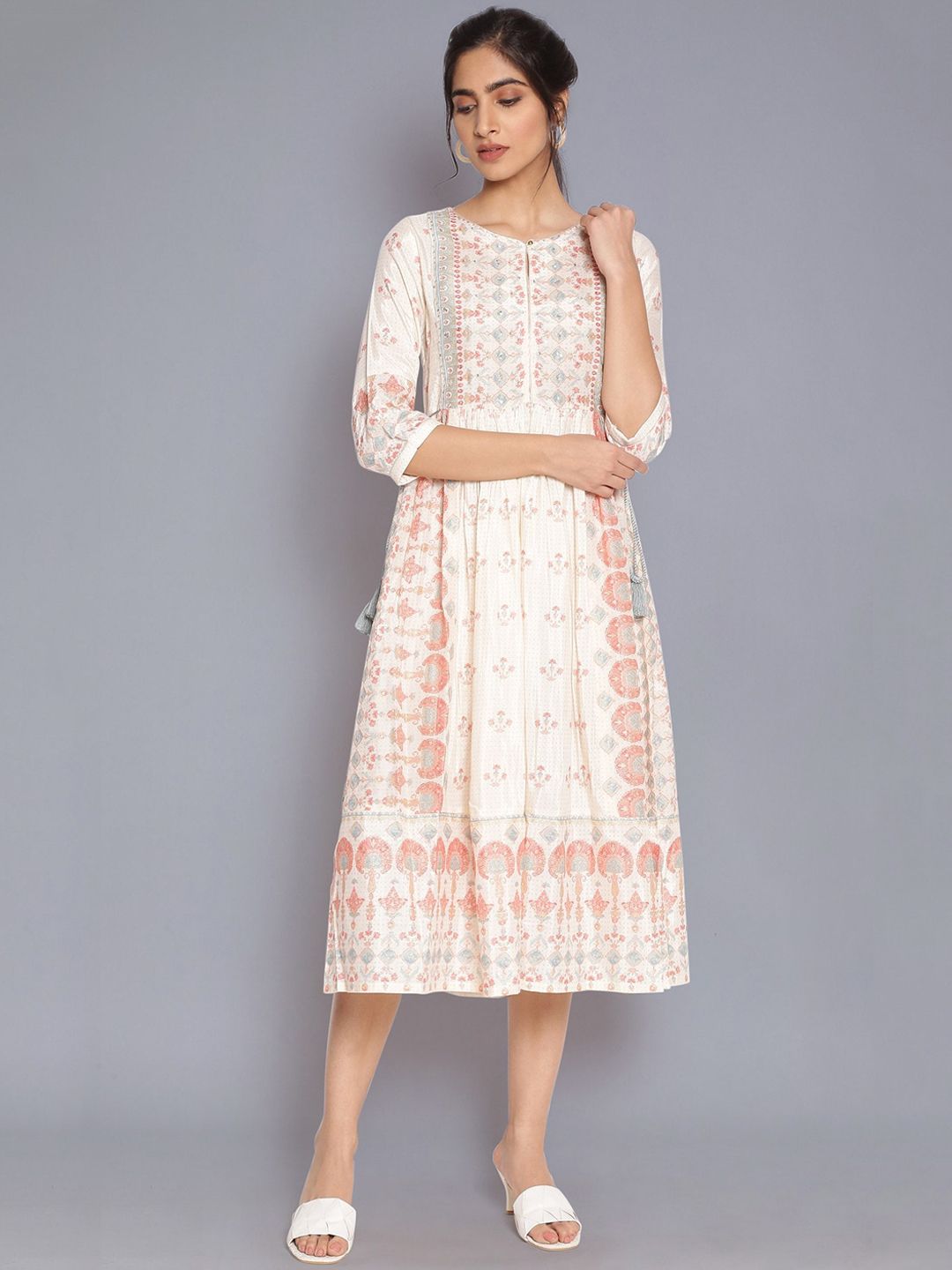 W Beige & Pink Ethnic Motifs Midi Dress Price in India