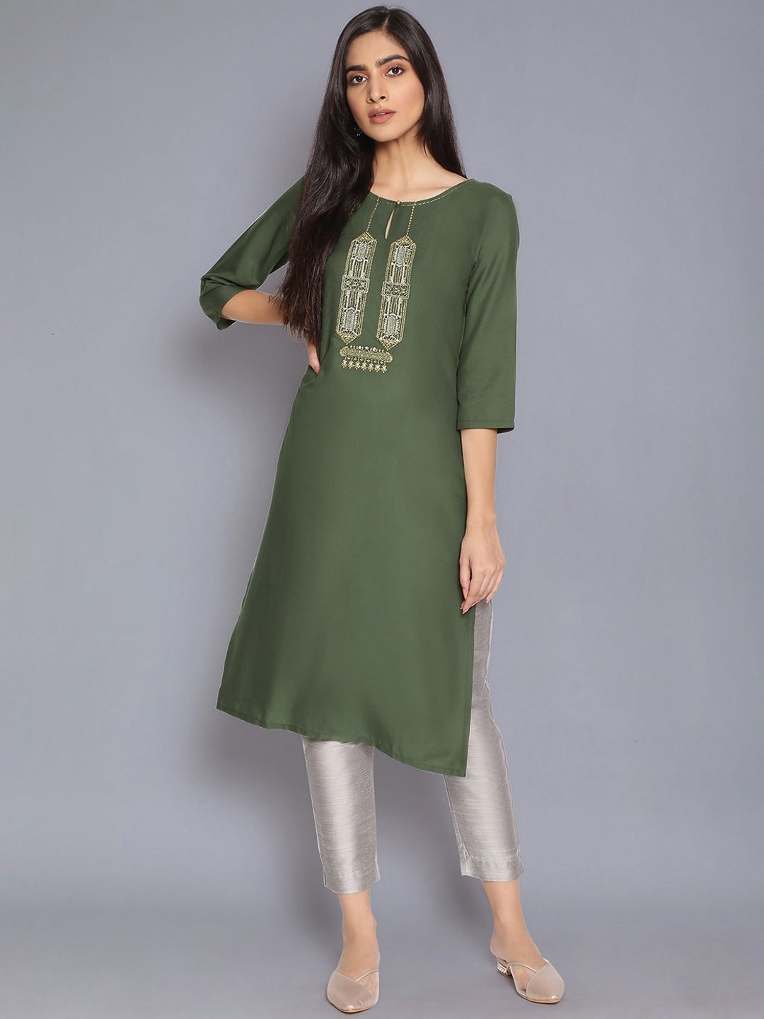 W Women Green & White Yoke Design Keyhole Neck Kurta Price in India