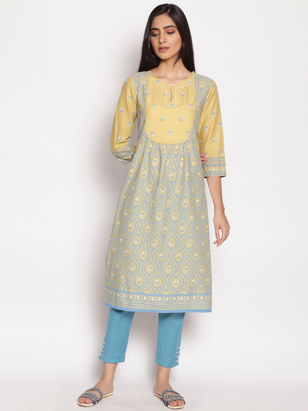 W Women Yellow & Blue Ethnic Motifs Printed Flared Sleeves Kurta Price in India